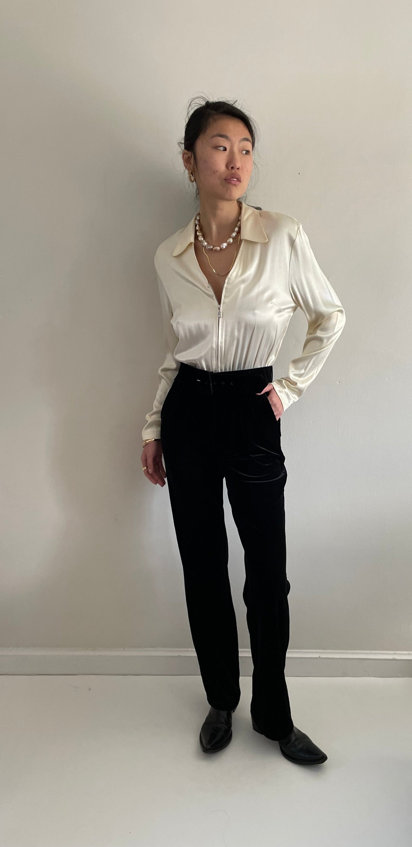 90s Charmeuse + Velvet Tuxedo Wedding Guest Jumpsuit Pant Suit S/M
