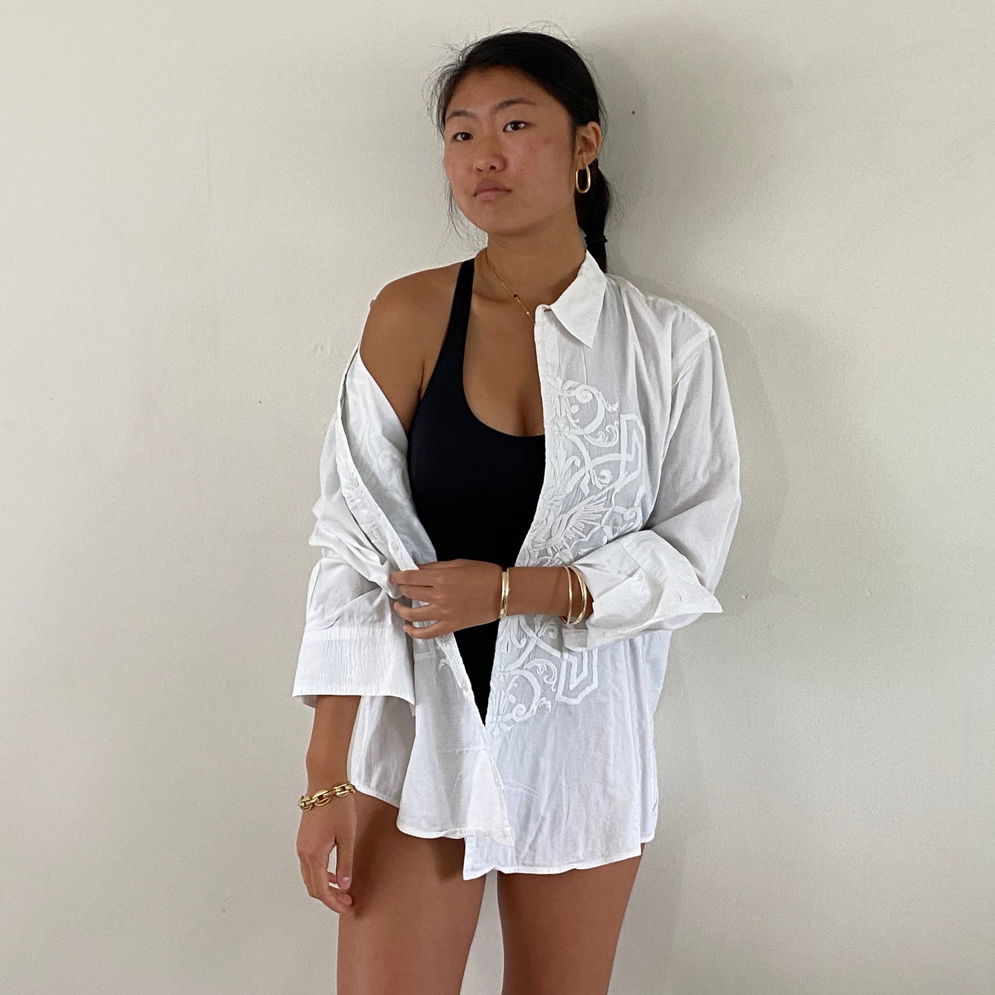 vintage 90s embroidered white on white embroidery cotton batiste button down oversized shirt blouse | XL
