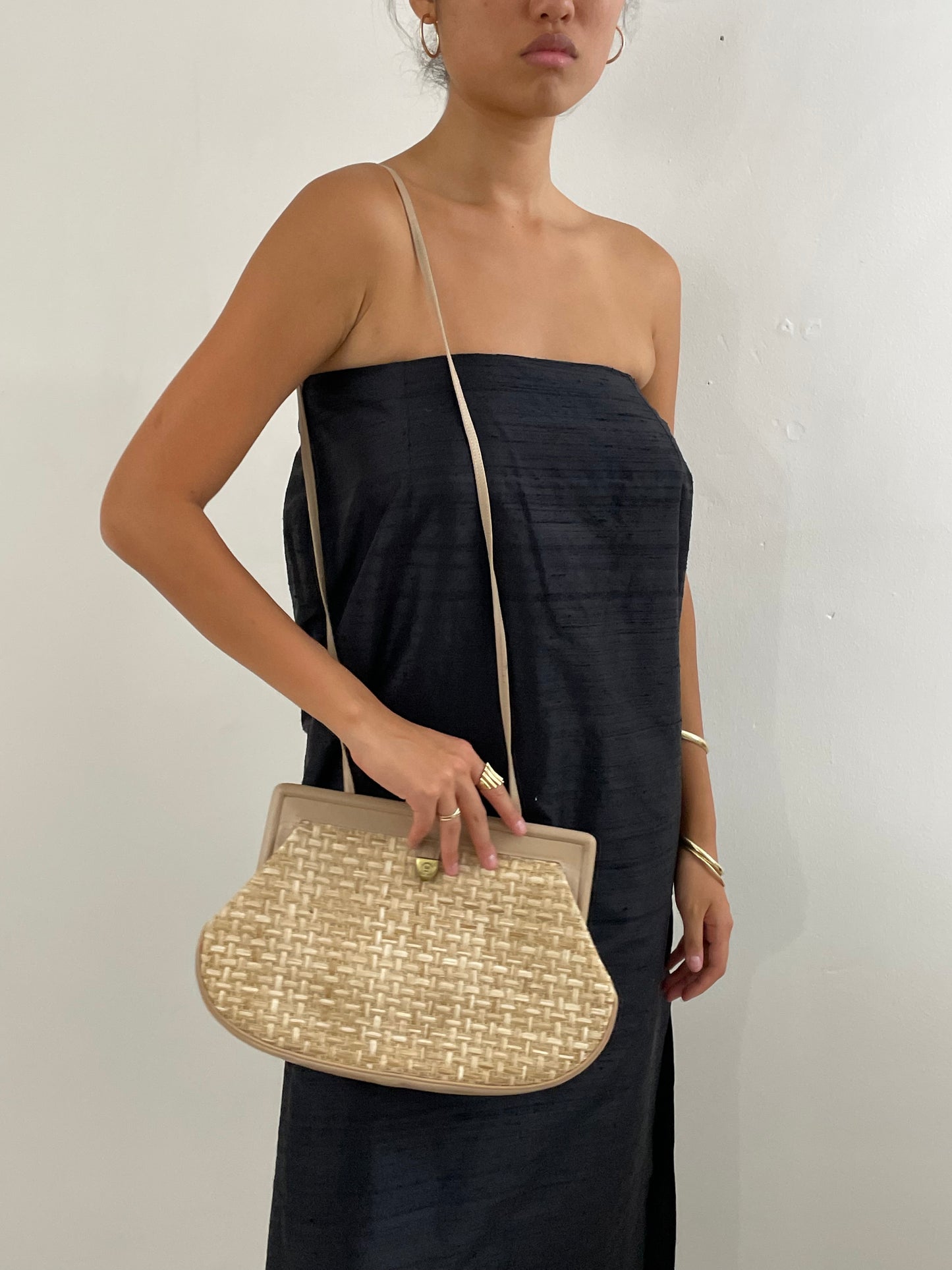 Vintage 90s woven rattan + leather clutch shoulder purse cross body handbag Etienne Aigner