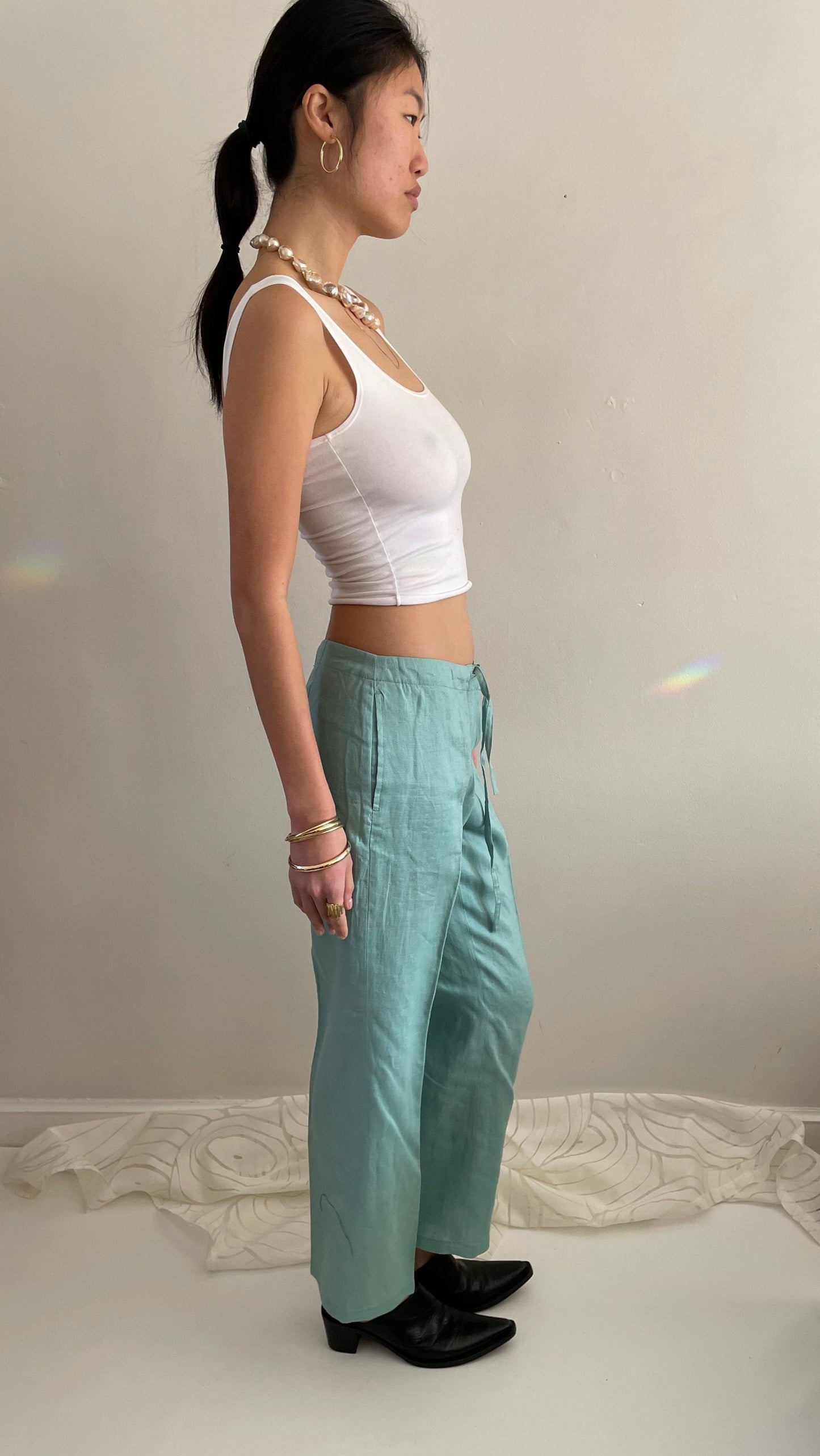 vintage linen drawstring sea foam aqua green linen easy wide leg pants | Medium