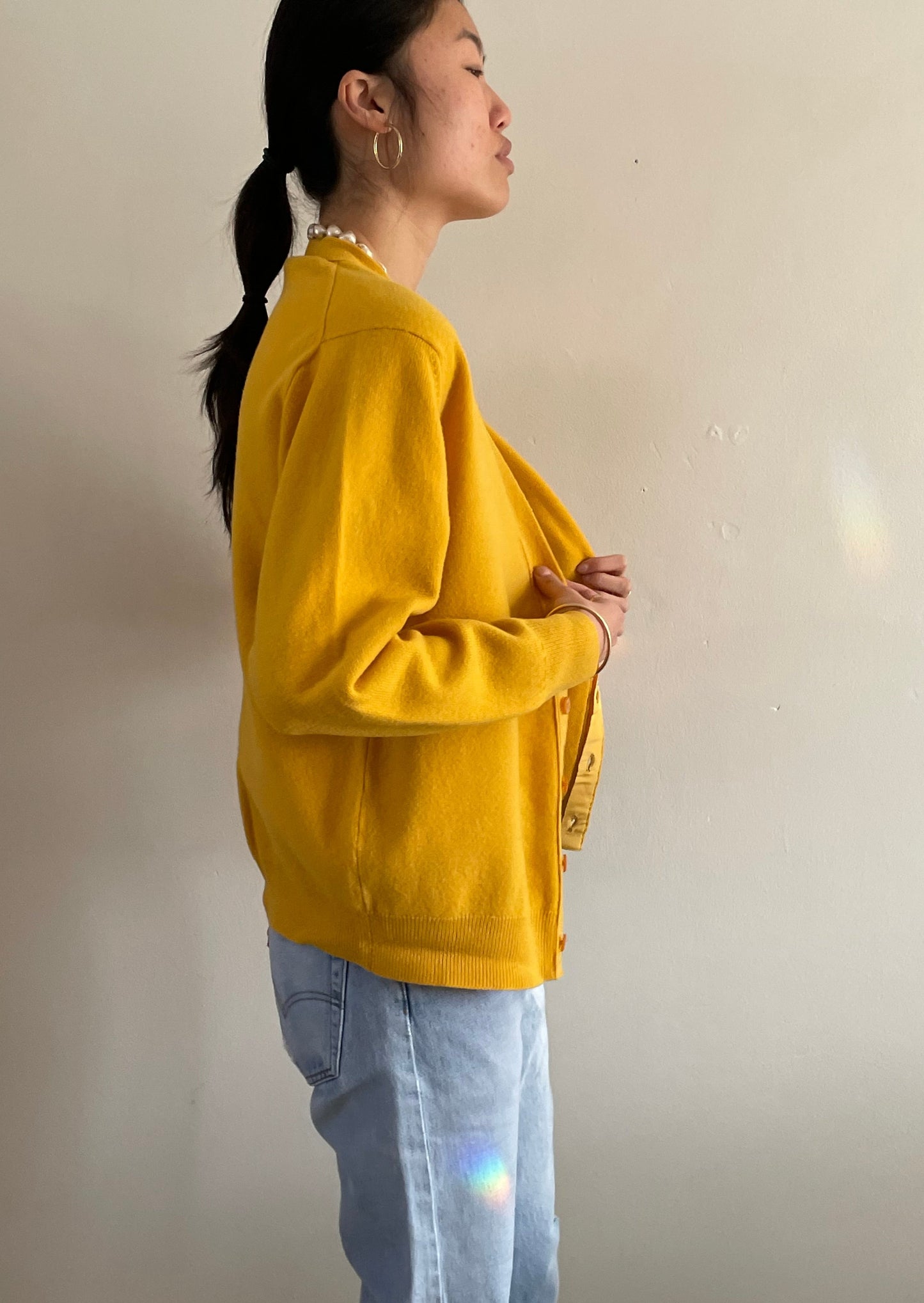 vintage 1950s HAWICO lambswool mustard yellow grandpa cardigan sweater
