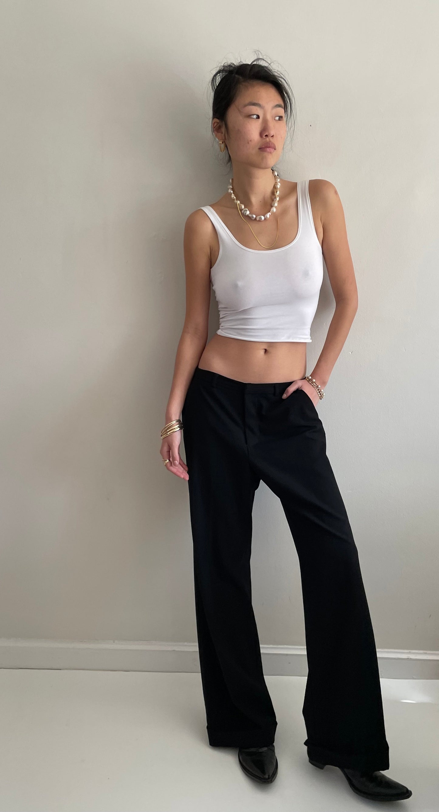 Vintage Y2K Black Wool Flat Front Wide Leg Cuffed Mid Rise Loose Dressy Pants Trousers | Waist size 30 size 6