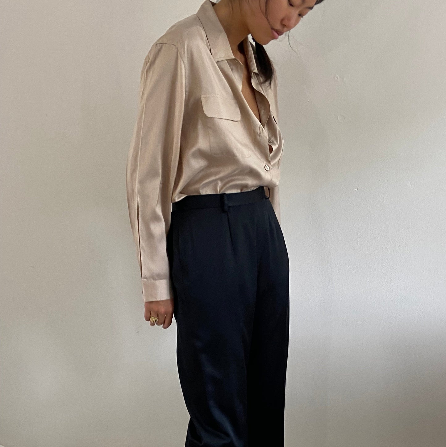 Vintage Black Silk Pants - Duchess Silk High Waisted Flat Front Cigarette Trousers Pants 28 Waist