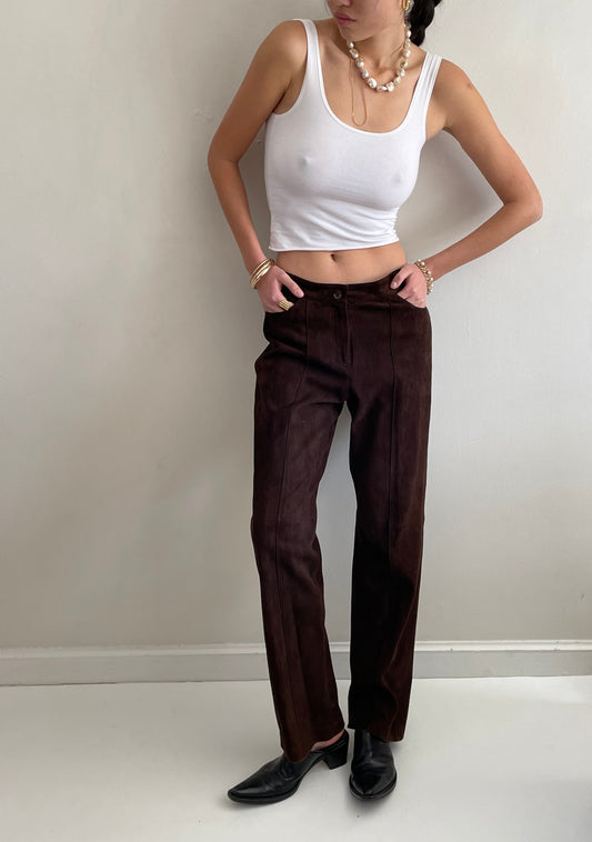 vintage 90s brown genuine suede leather flat front pants size 6 / 31