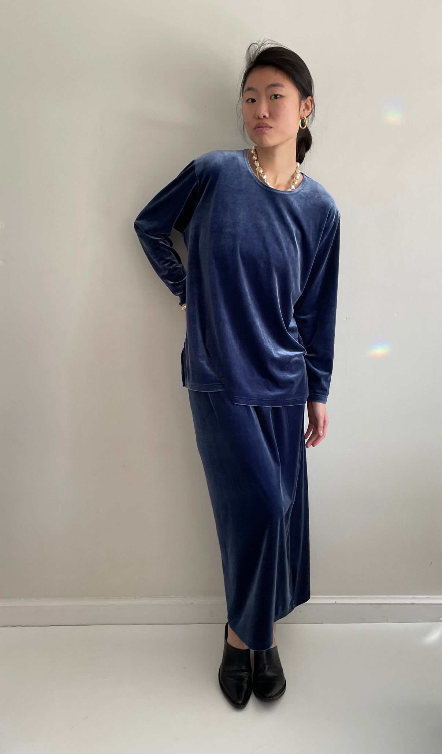 vintage 90s stretch velvet 2 piece indigo blue tunic sweatshirt + skirt matching set XL