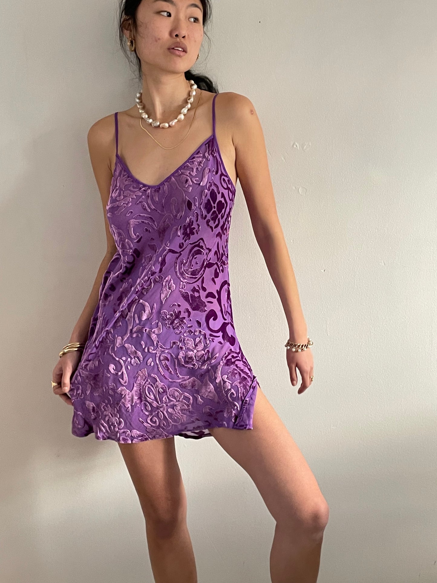 90s silk devore slip dress / vintage grape purple semi sheer silk slip dress