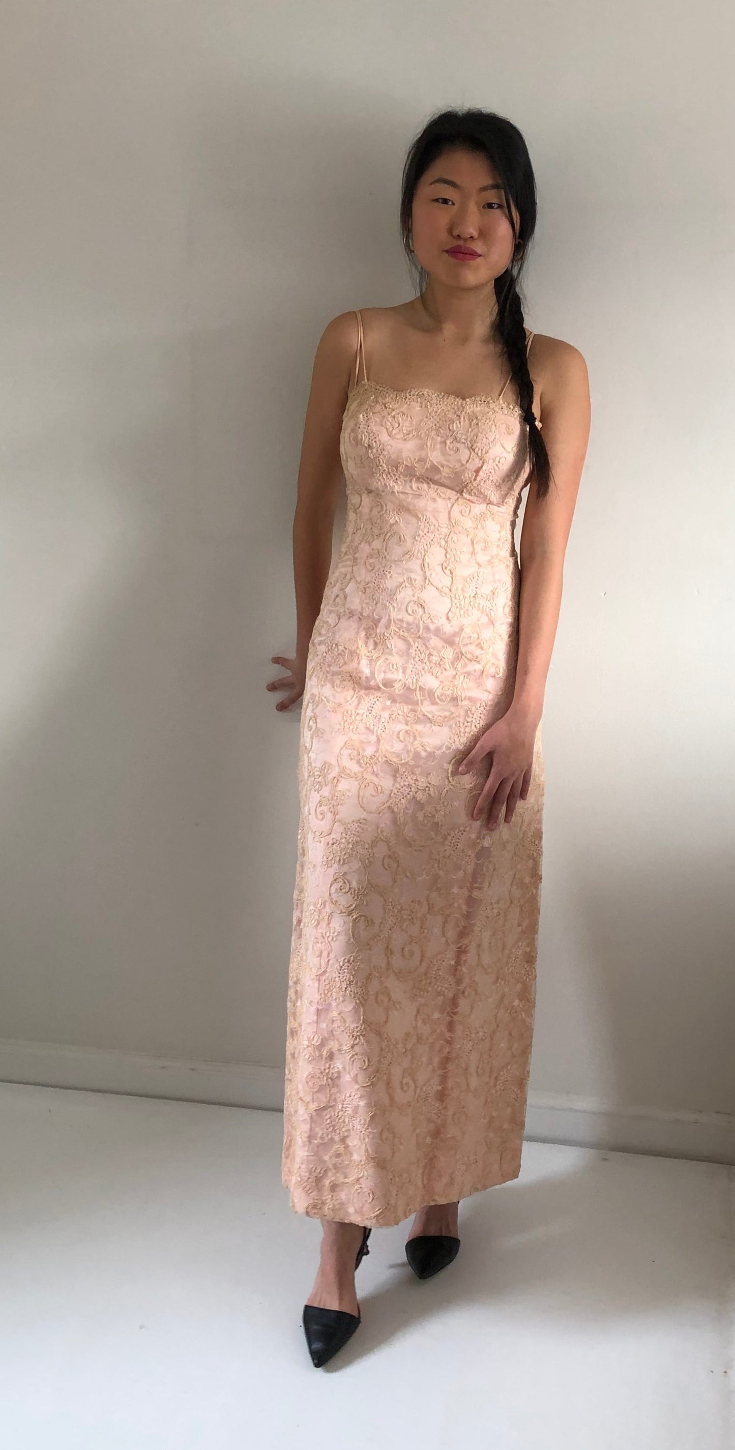 vintage 50s 60s chantilly lace strapless wiggle mermaid light blush pink gown maxi wedding guest dress