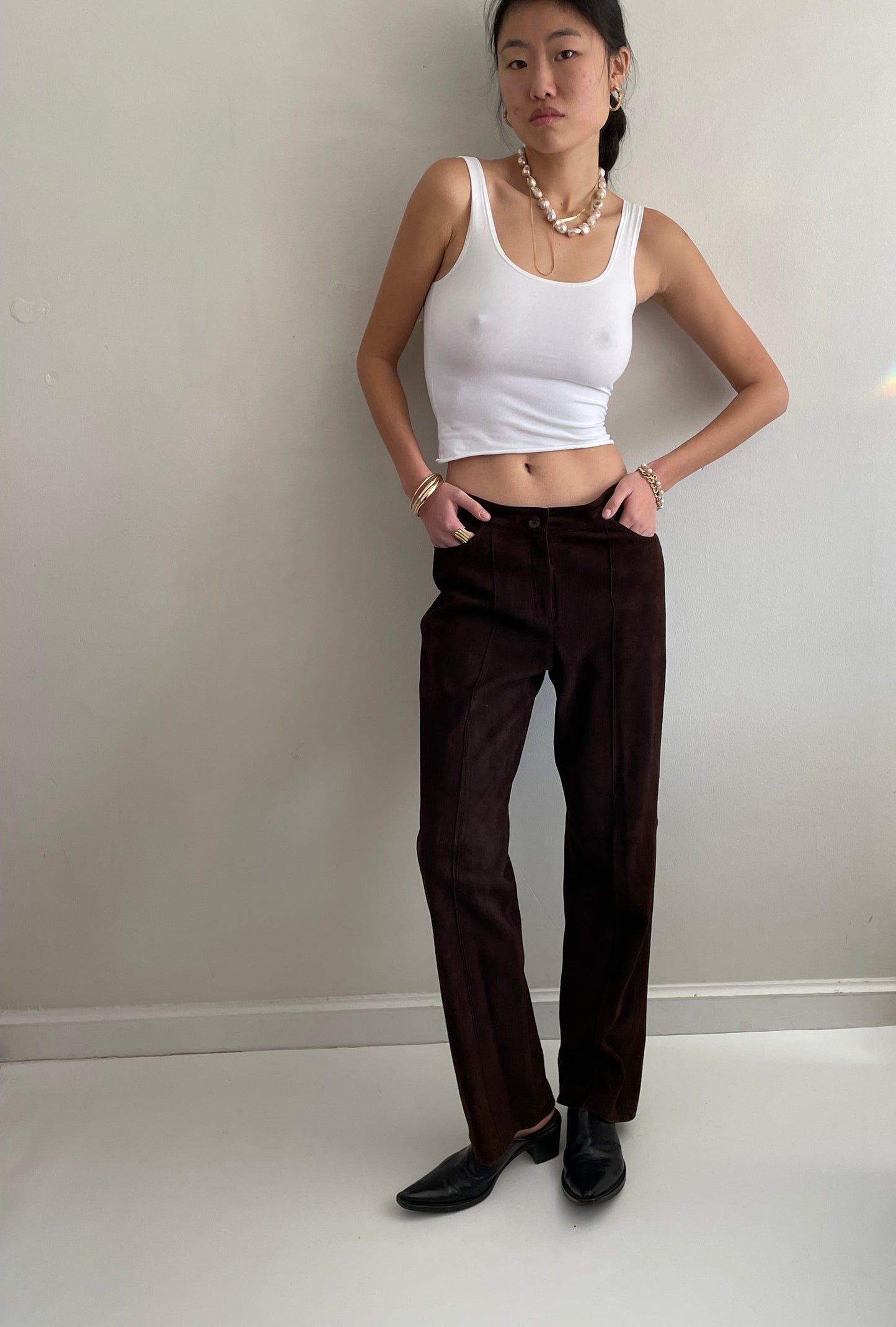 vintage 90s brown genuine suede leather flat front pants size 6 / 31