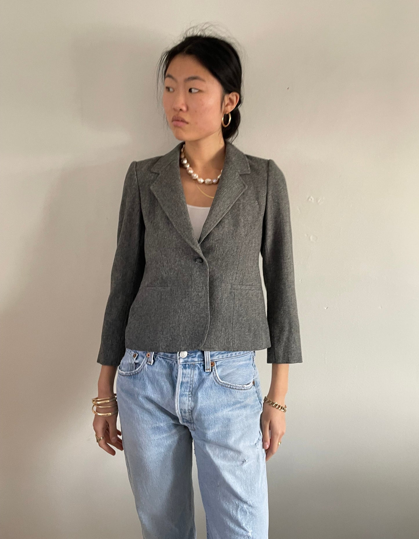 Vintage Cropped Gray Wool Blazer + Matching Skirt Suit Set | Petite Charcoal Single Button Blazer | Small