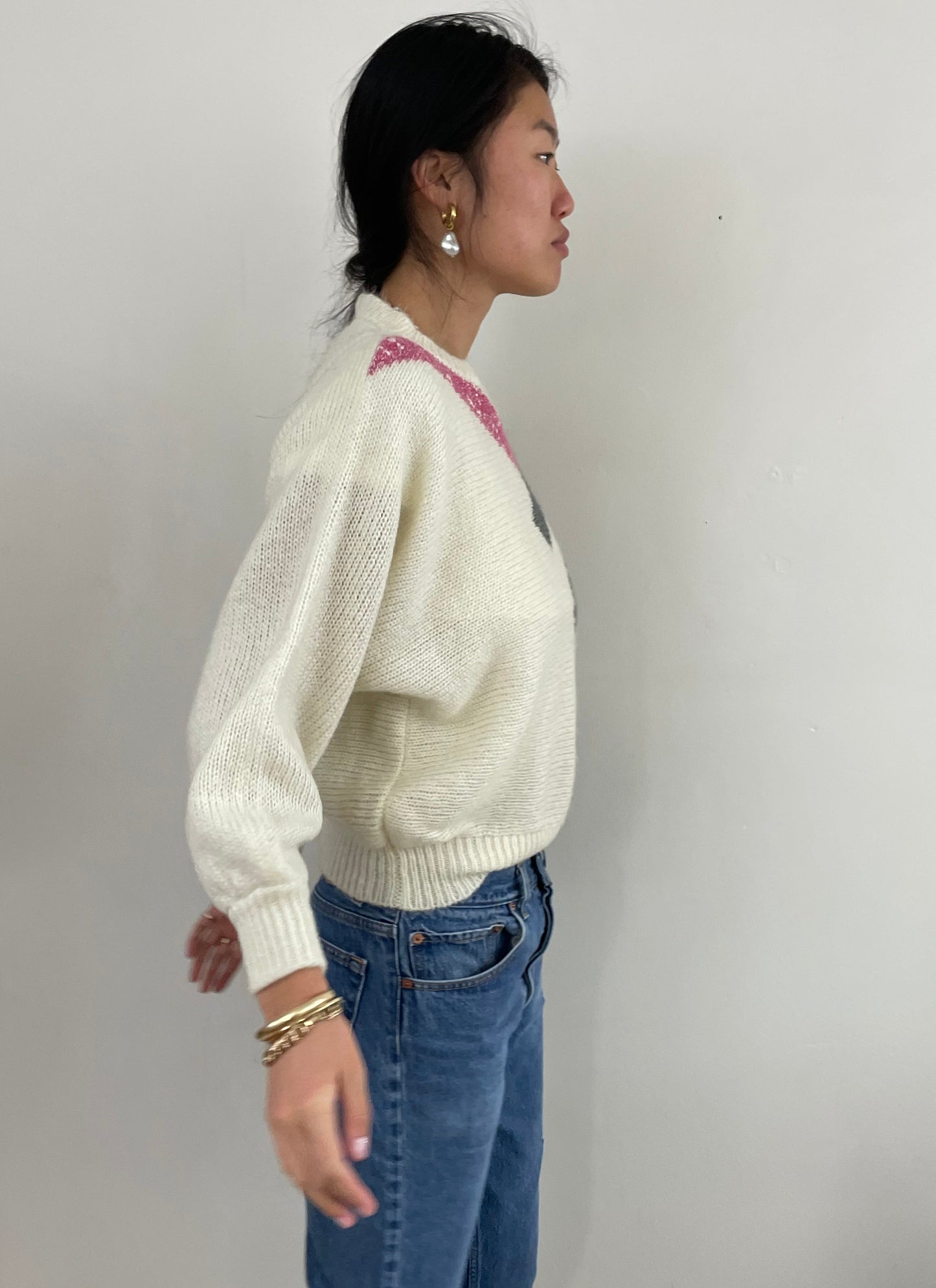 Vintage 90s Striped Batwing Acrylic Wool Blend Fuzzy Intarsia Sweater