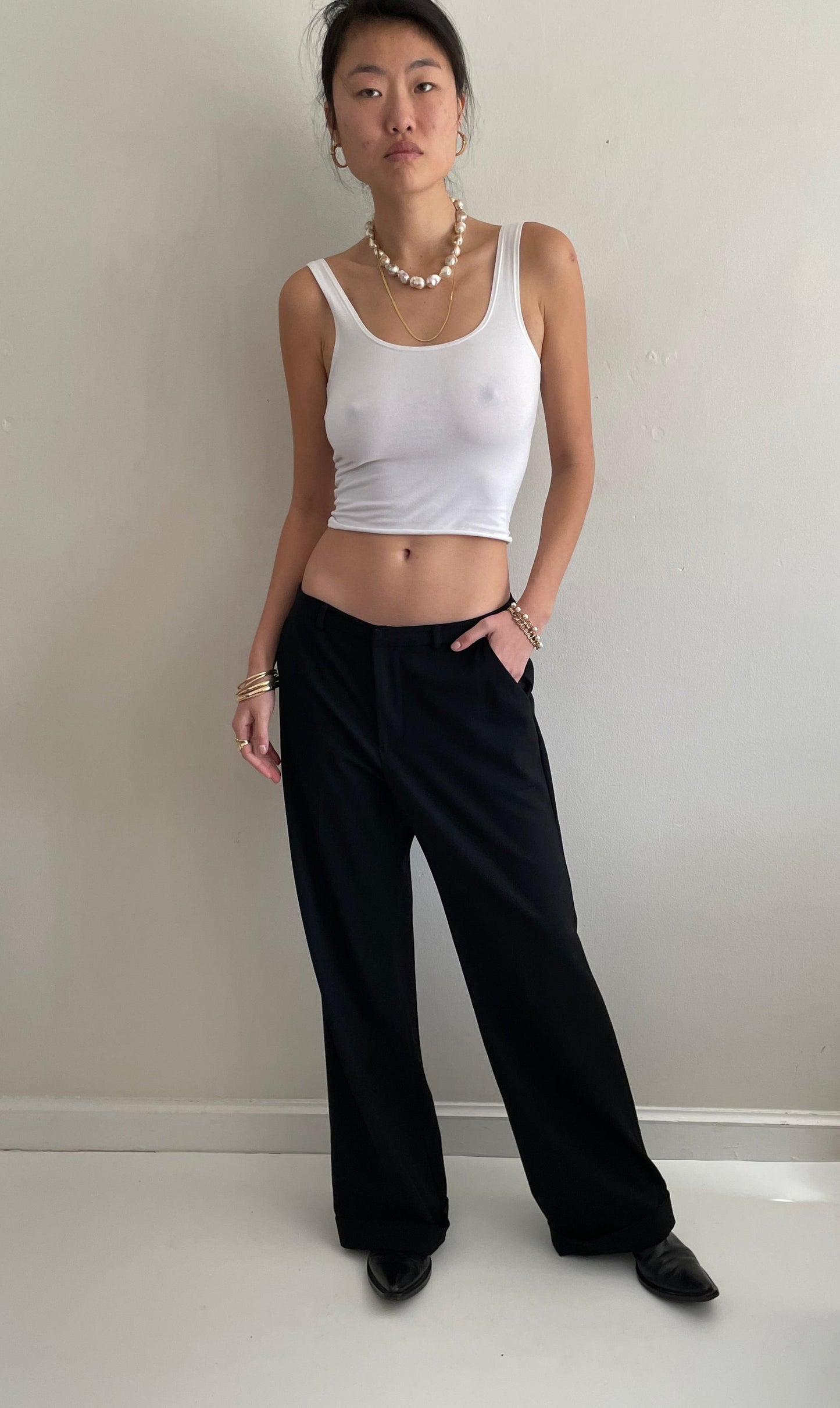 Vintage Y2K Black Wool Flat Front Wide Leg Cuffed Mid Rise Loose Dressy Pants Trousers | Waist size 30 size 6