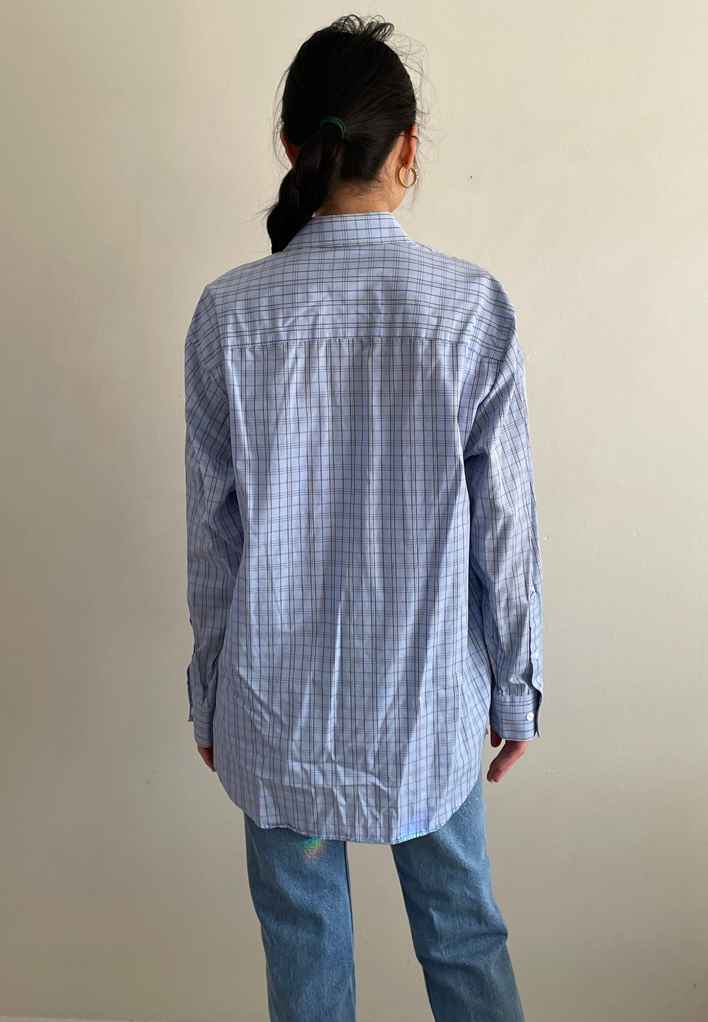 vintage light blue plaid checked oversized soft cotton boyfriend shirt | Large