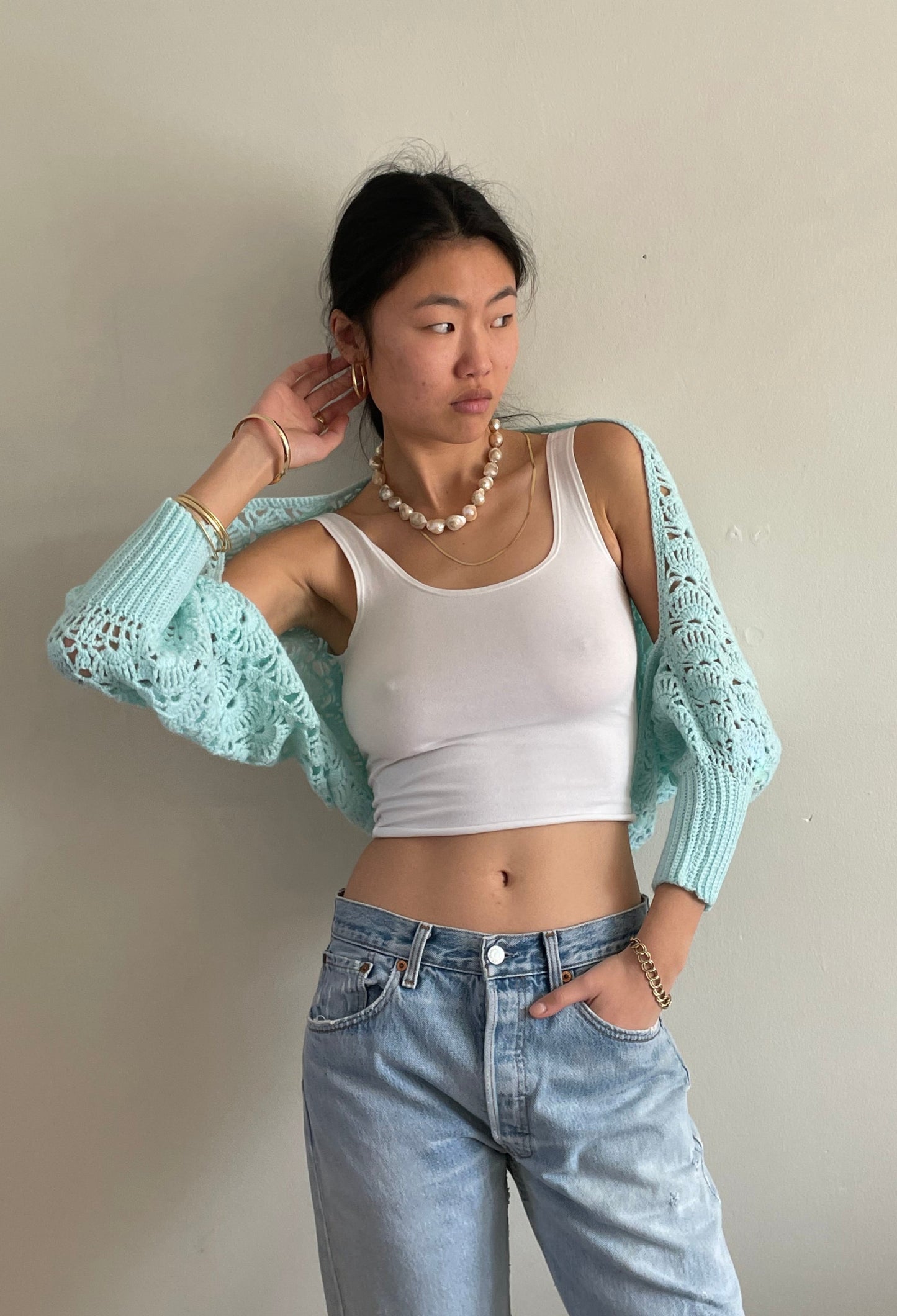 vintage aqua seafoam hand crochet cropped sweater shrug