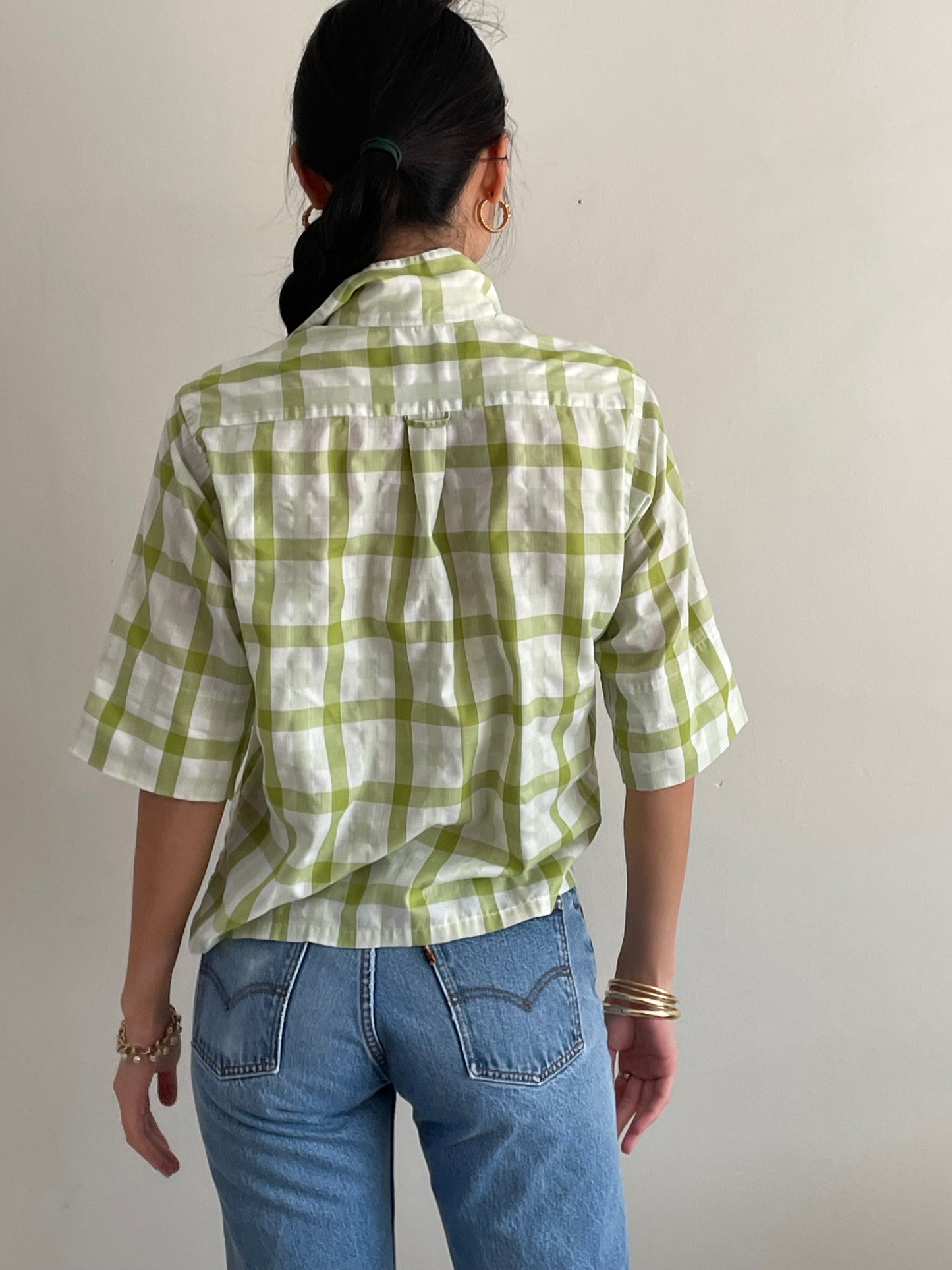 60s vintage plaid blouse / lime + olive moss green plaid elbow sleeve cropped blouse | Medium