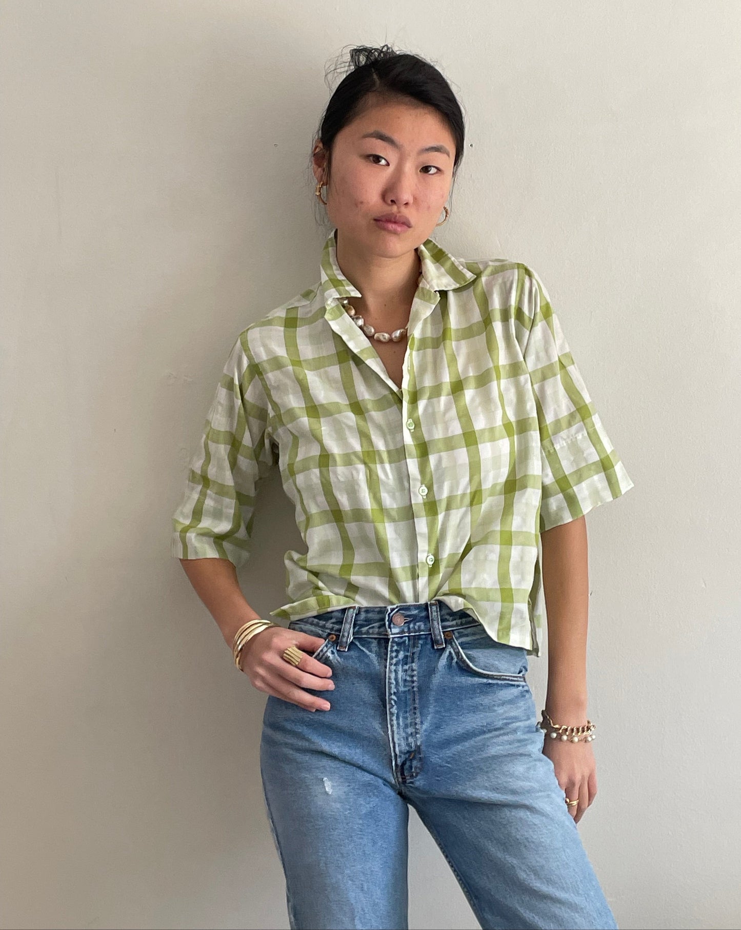 60s vintage plaid blouse / lime + olive moss green plaid elbow sleeve cropped blouse | Medium