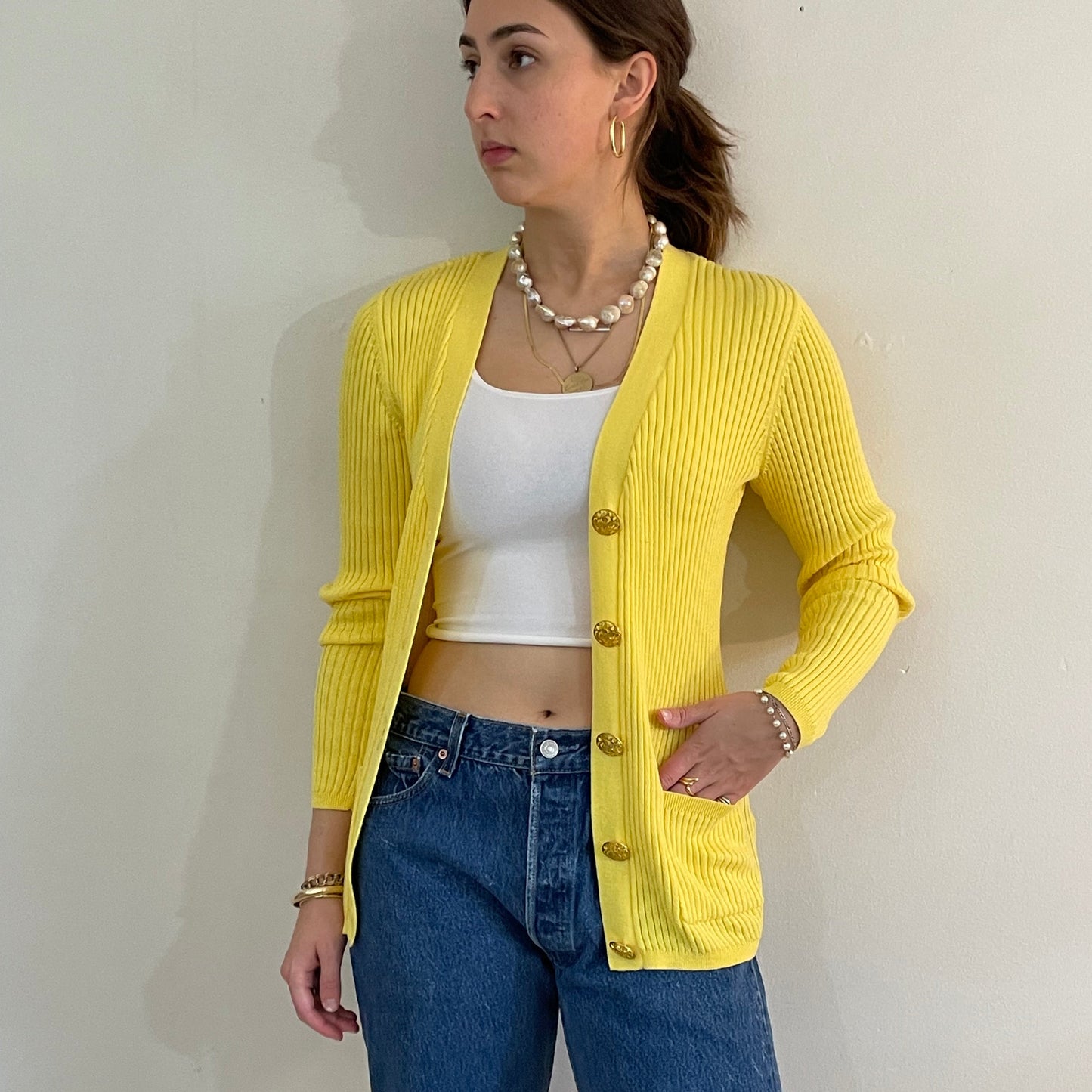 Vintage neon yellow ribbed knit V neck cardigan button front sweater | Medium