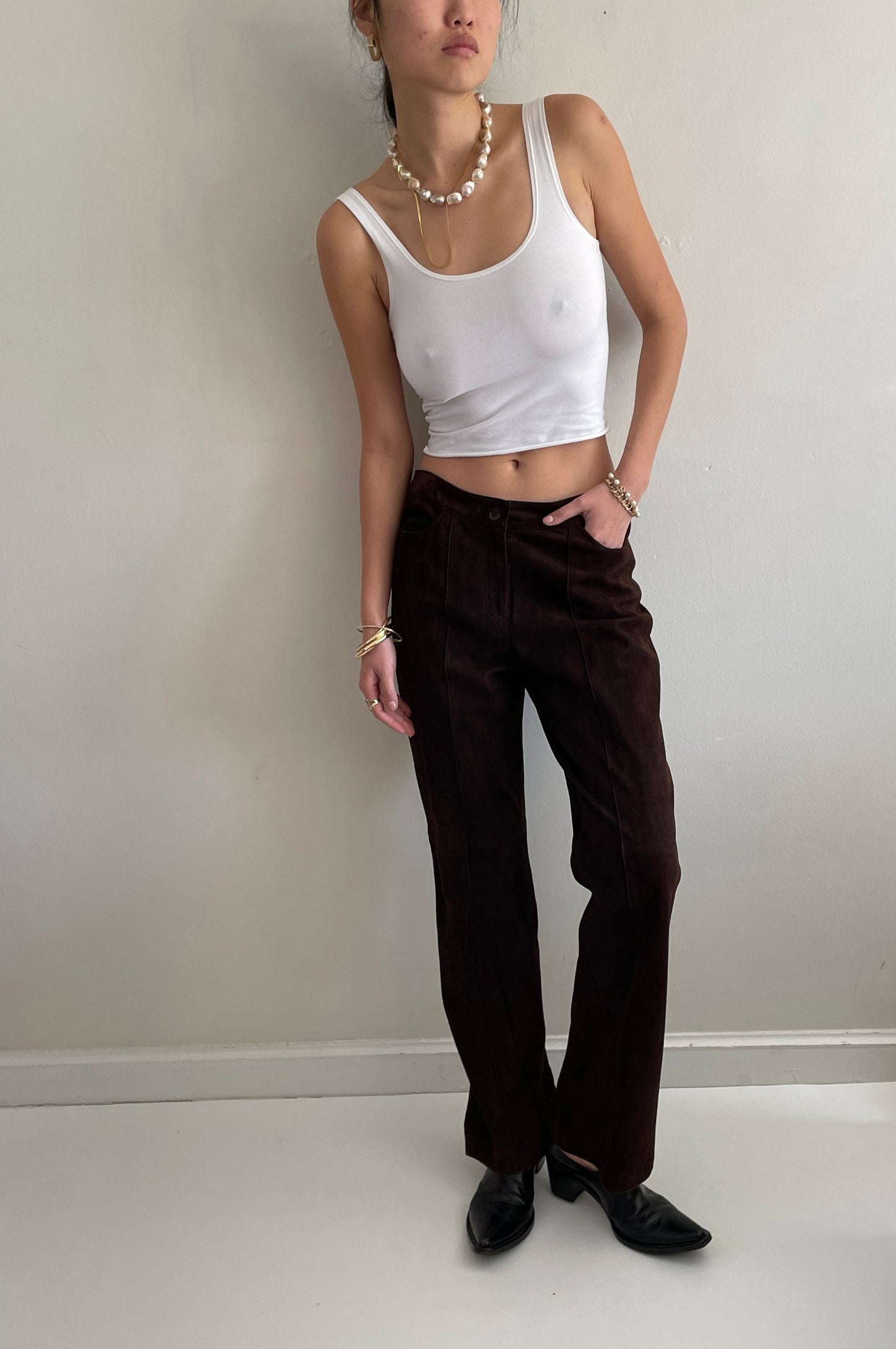 vintage 90s brown genuine suede leather flat front pants size 6 / 31