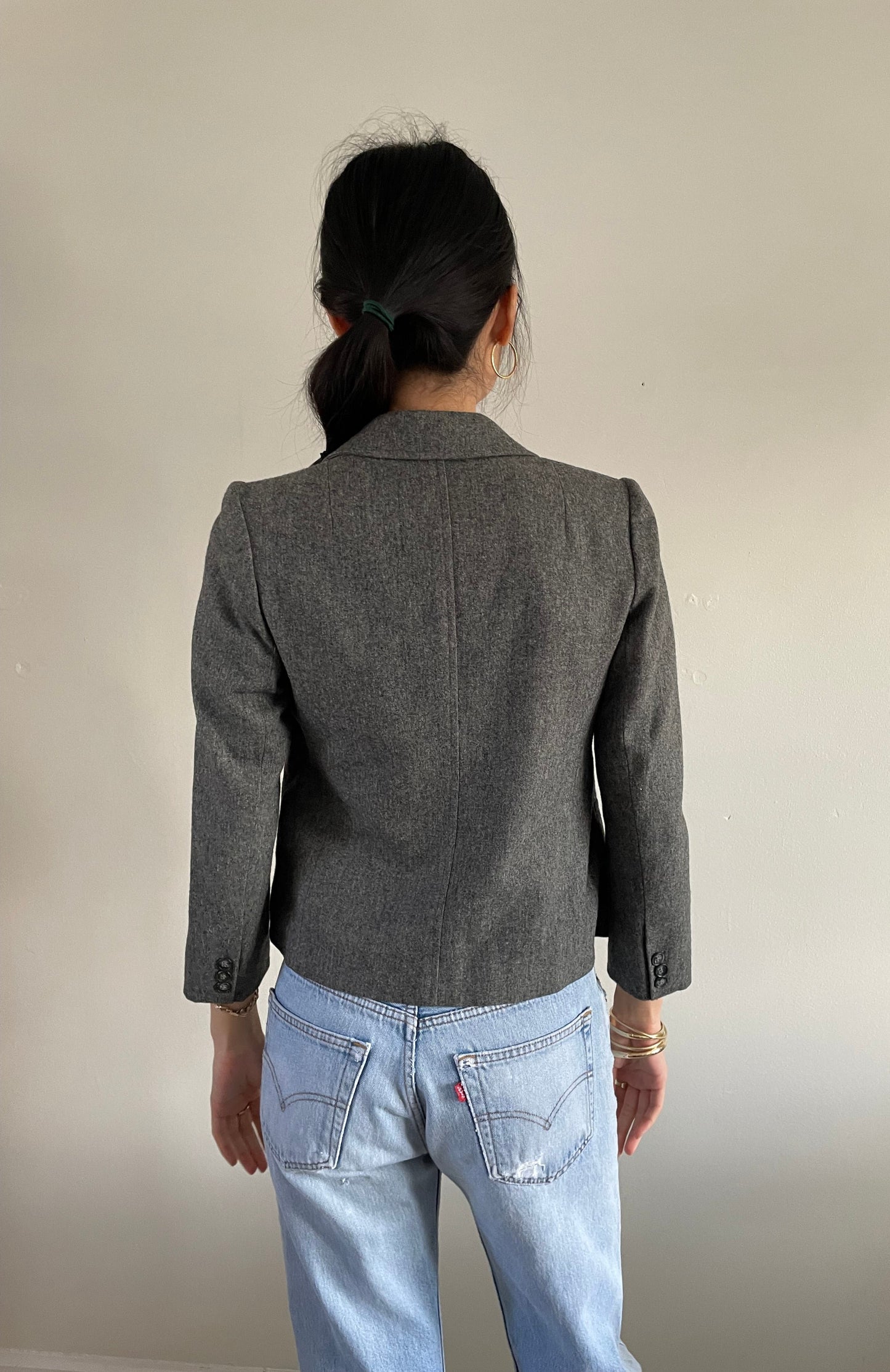 Vintage Cropped Gray Wool Blazer + Matching Skirt Suit Set | Petite Charcoal Single Button Blazer | Small