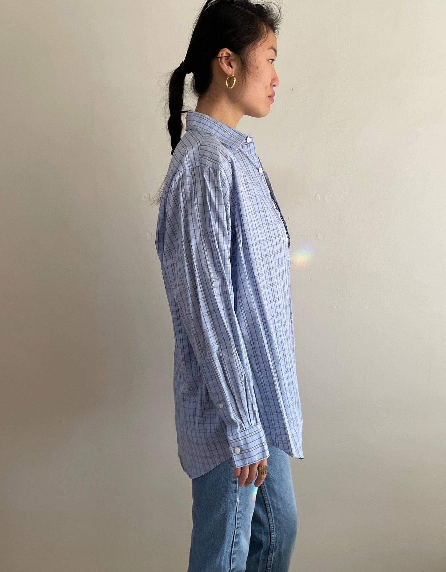 vintage light blue plaid checked oversized soft cotton boyfriend shirt | Large