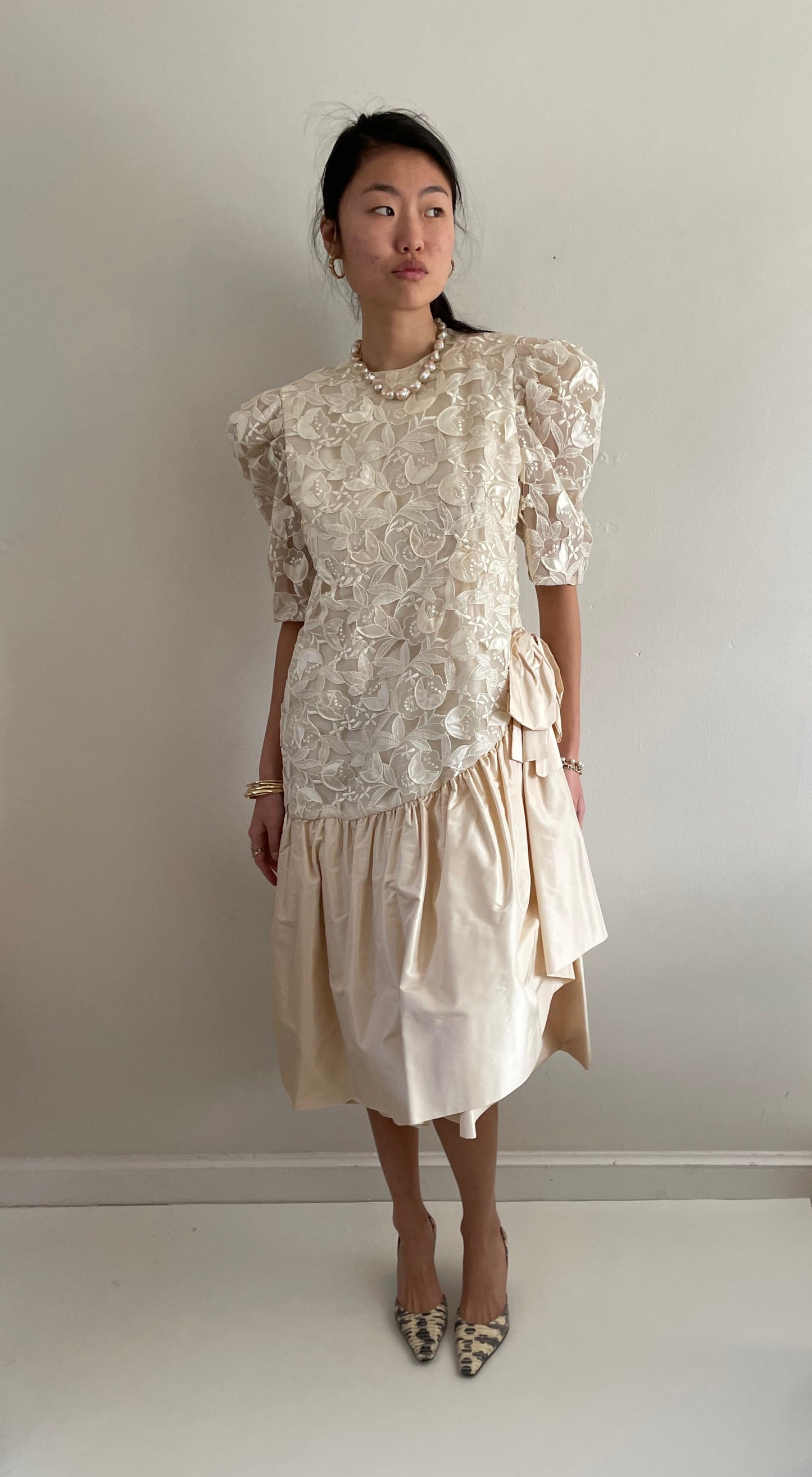 Vintage 80s Lace Dropped Waist Open Lace Silk Taffeta Princess Di Tea Dress | Medium