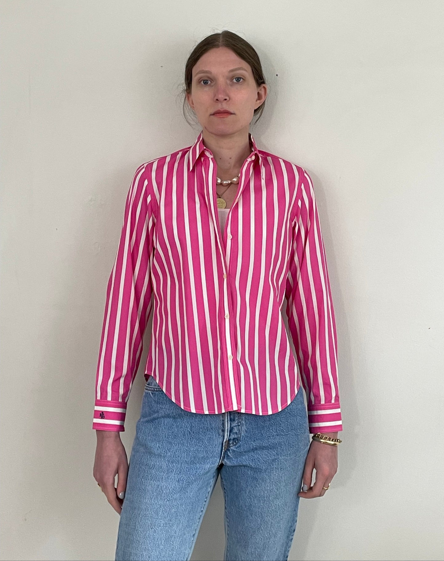 vintage Ralph Lauren hot pink white striped 100% cotton RL petite cropped pinstripe blouse Small