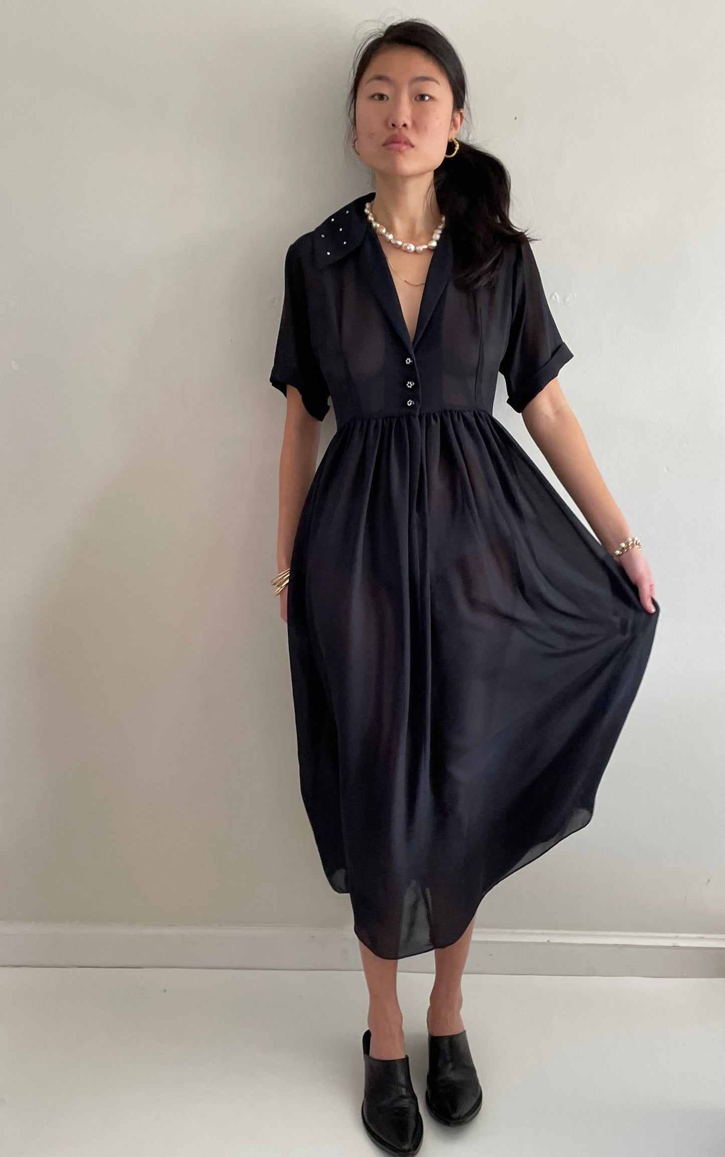 vintage 60s black sheer chiffon cocktail wedding guest midi dress Medium
