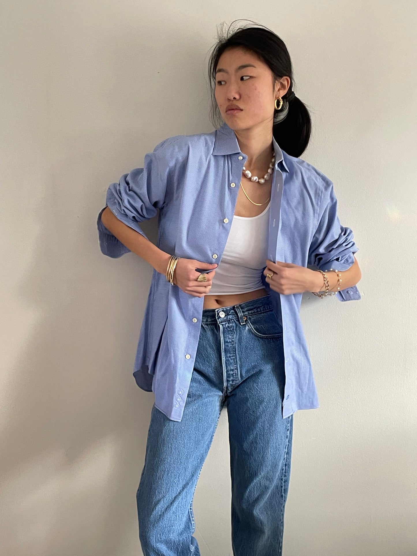 oversized cotton baby blue boyfriend shirt | luxe woven spread collar button down shirt | XL