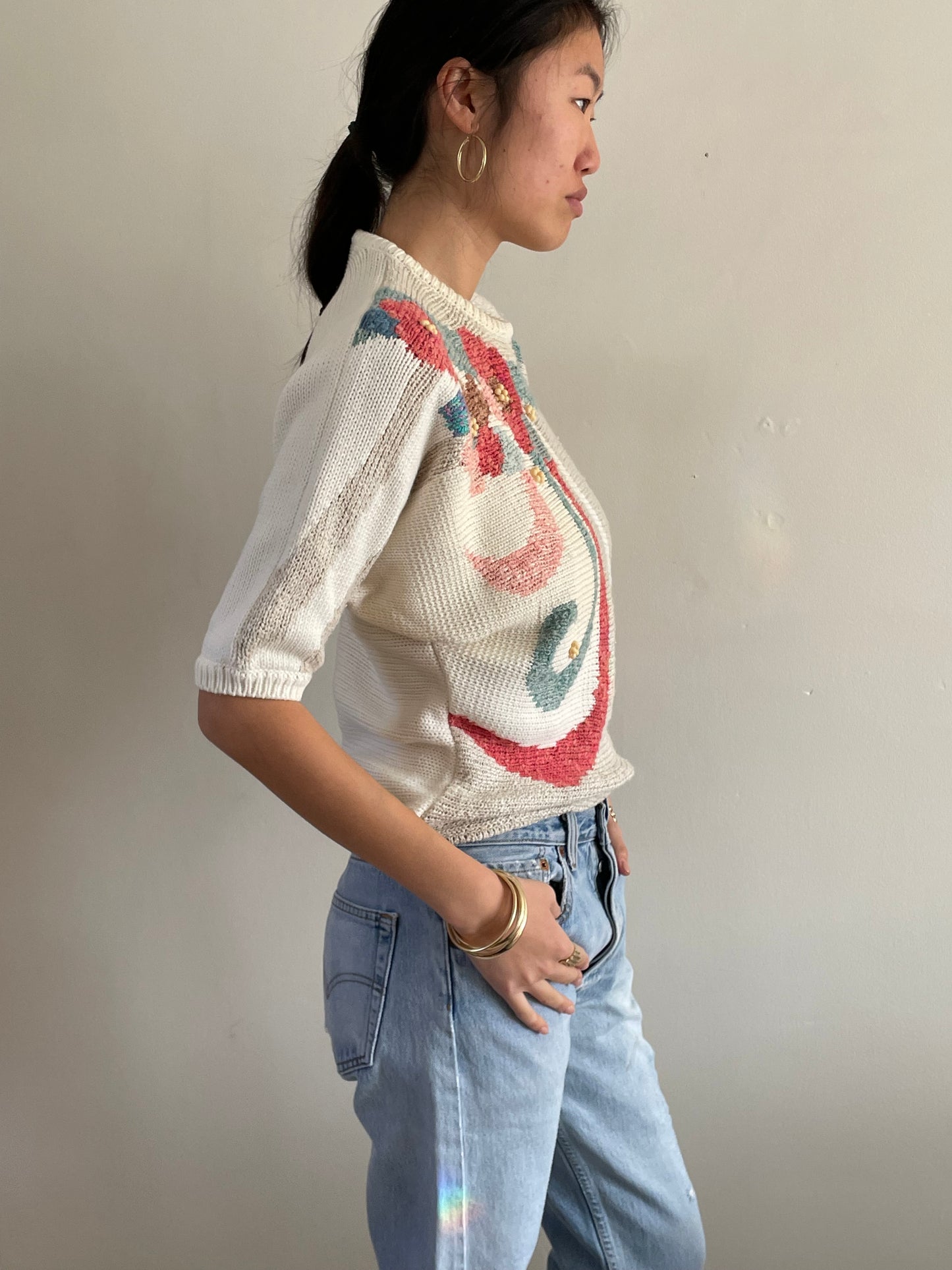 vintage white cotton intarsia floral batwing sweater