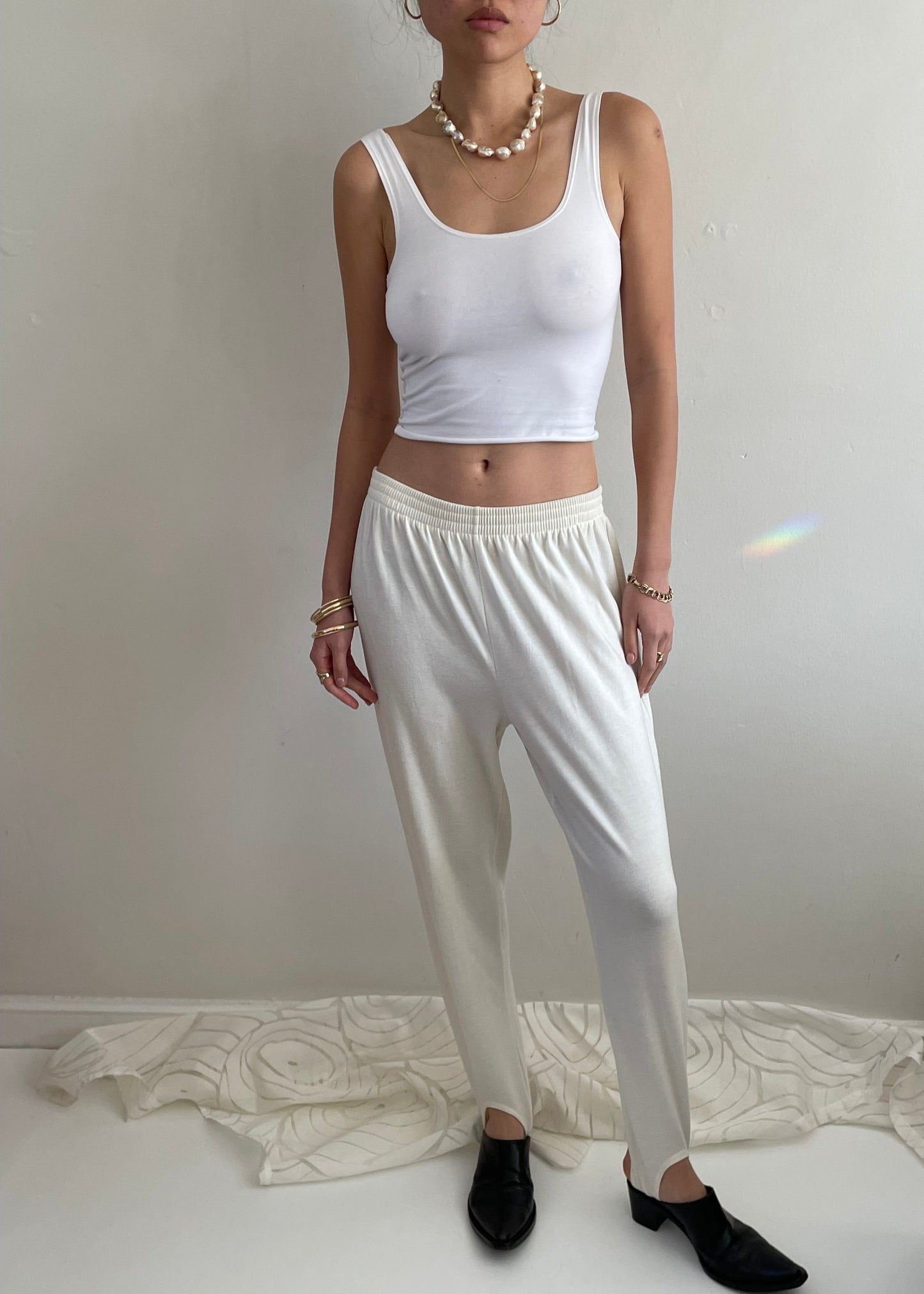 vintage 90s stirrup leggings joggers creamy white ivory cotton stirrup pants | Medium