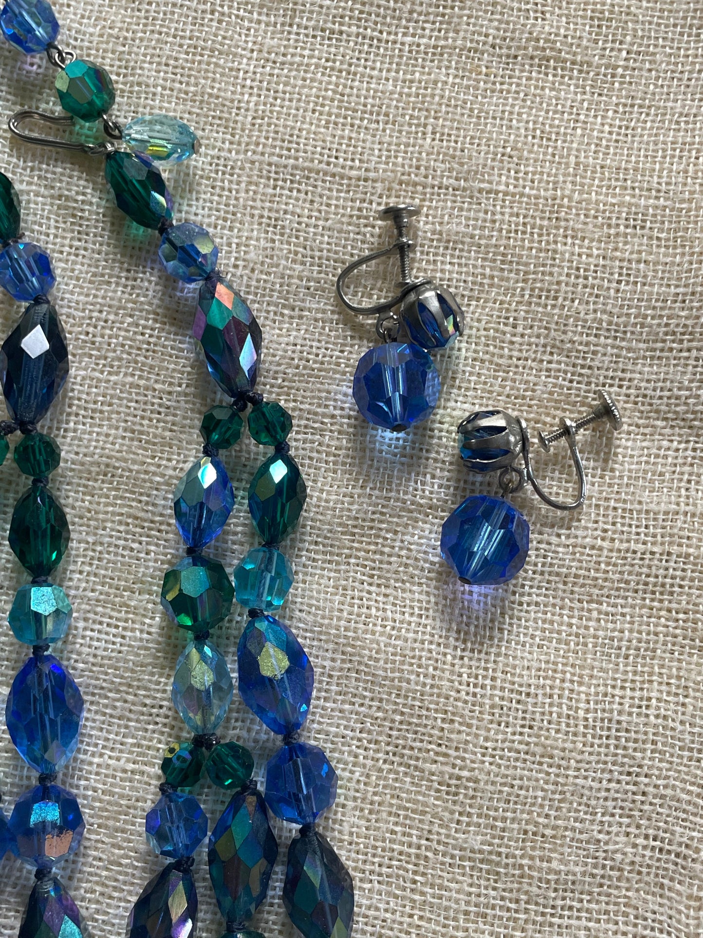 Vintage 50s Blue Aurora Borealis Cut Crystal 3 Strand Choker Collar Necklace + Earrings