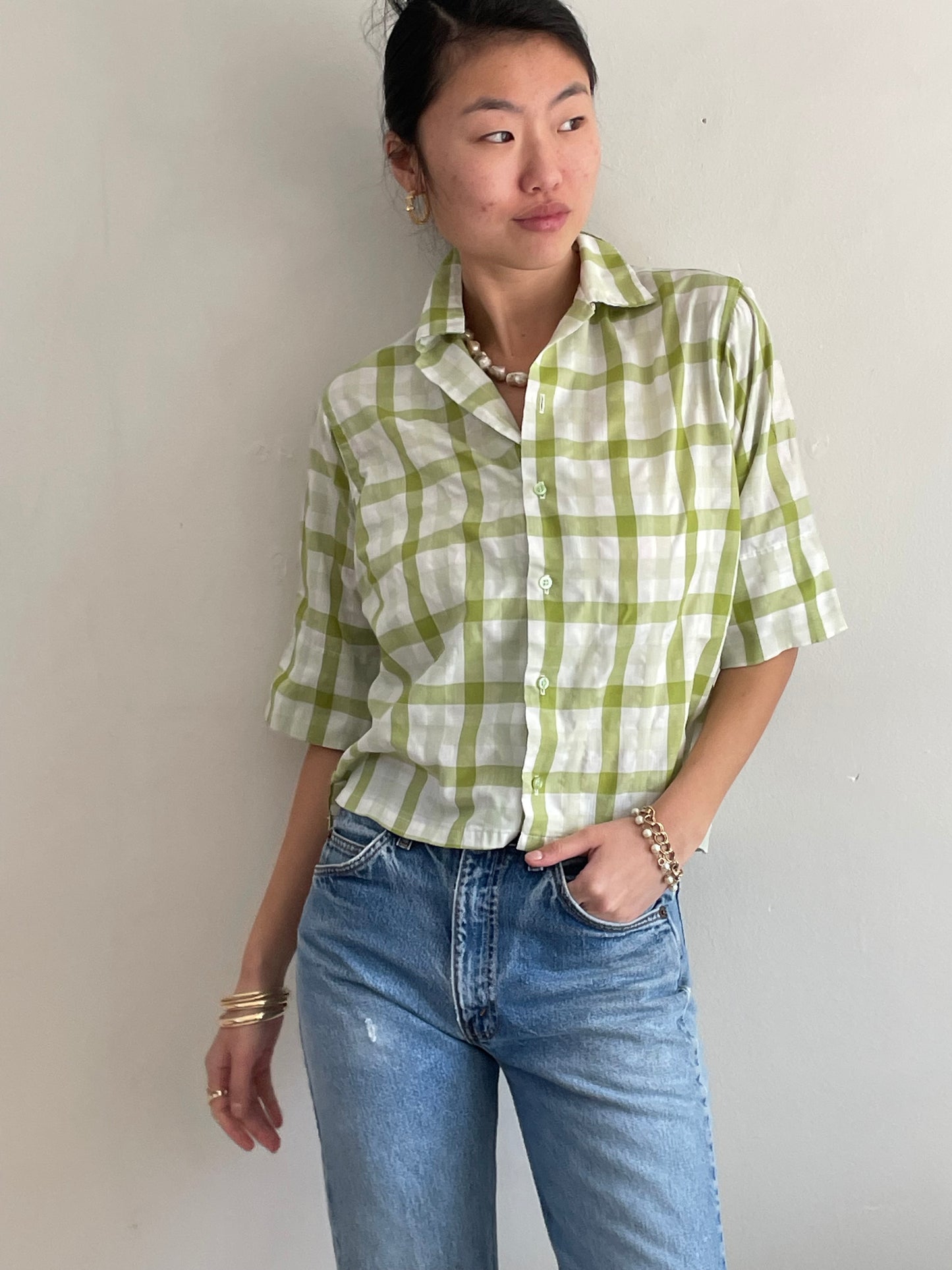 60s vintage plaid blouse / lime + olive moss green plaid elbow sleeve cropped blouse | Medium