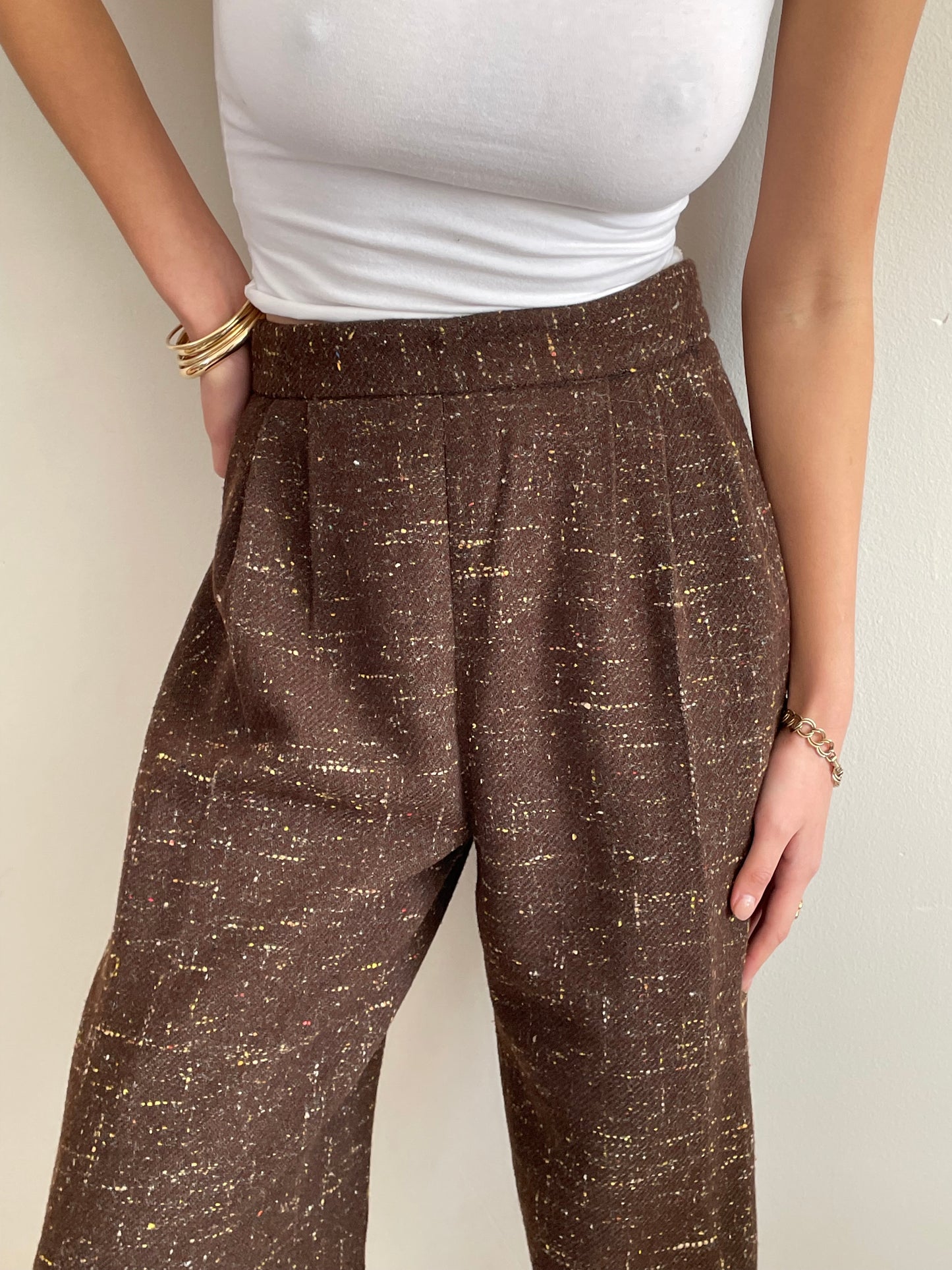 Vintage 90s Tweed Wide Leg Pleated Pants | Brown Wool Speckled Pants size 28 Waist