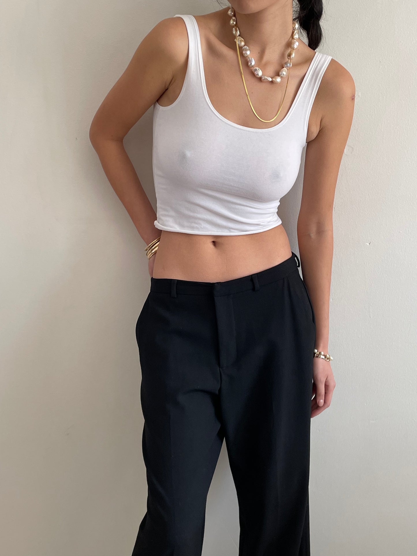 Vintage Y2K Black Wool Flat Front Wide Leg Cuffed Mid Rise Loose Dressy Pants Trousers | Waist size 30 size 6