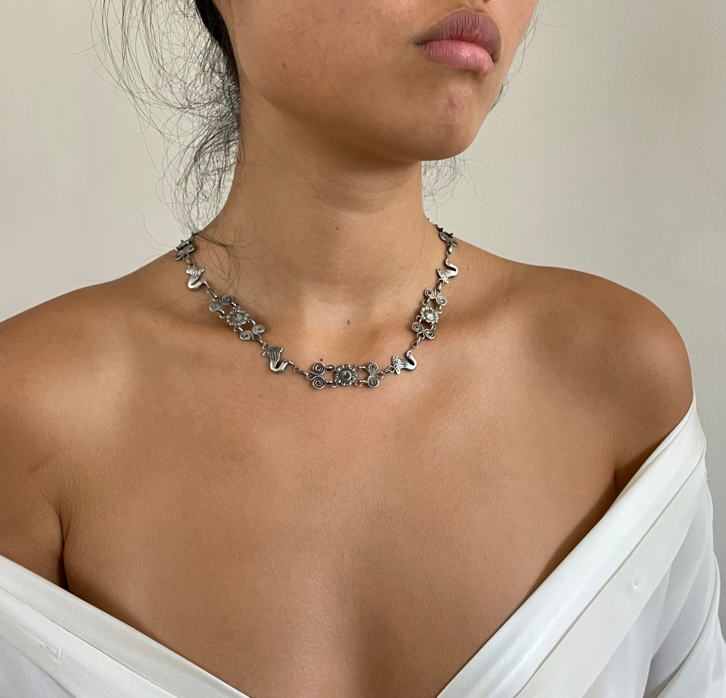 Vintage 90s Taxco Sterling Silver Bird + Flower Link Necklace: Handcrafted Mexico 18 inches