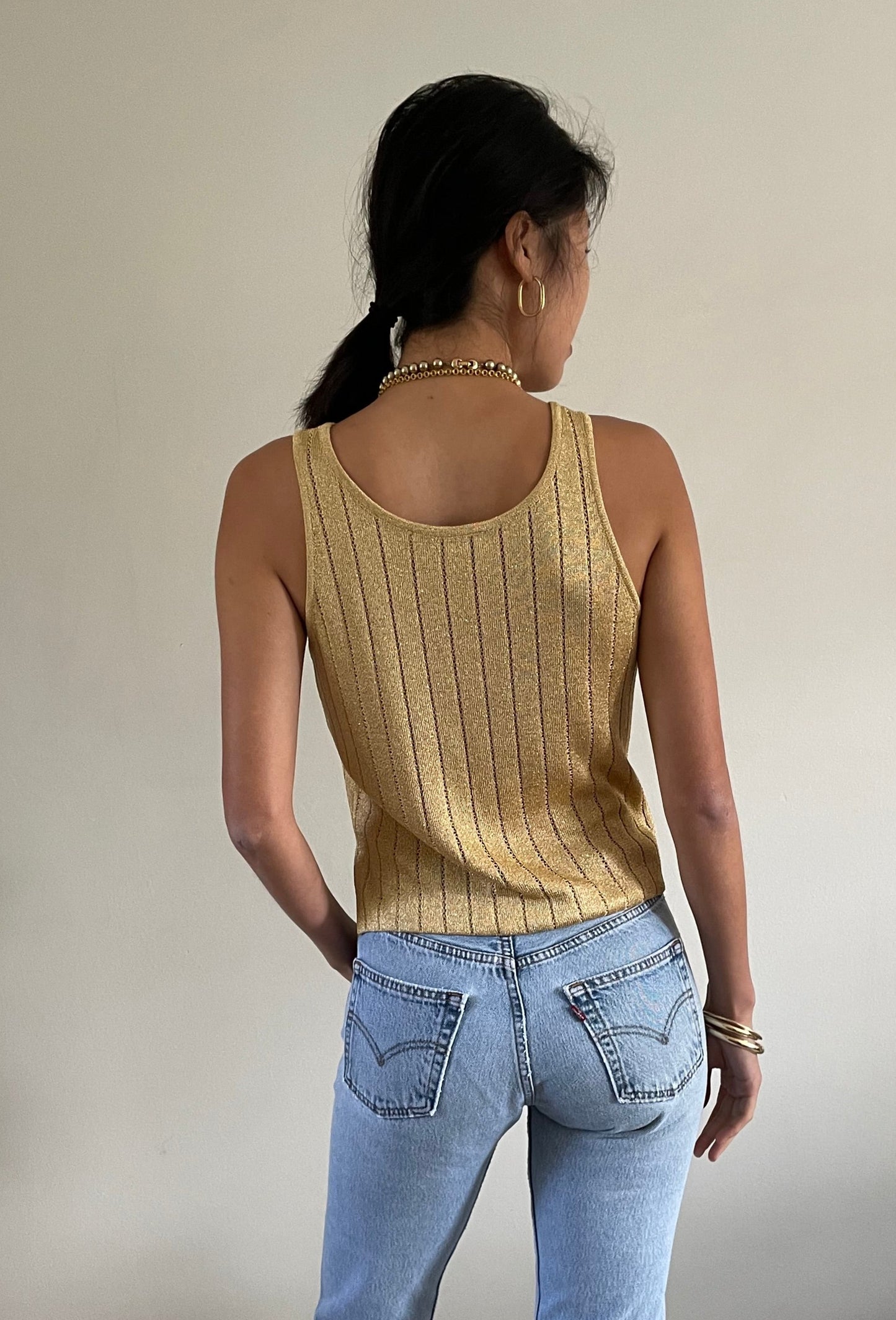 Vintage St John gold pointelle knit sleeveless sweater tank shell