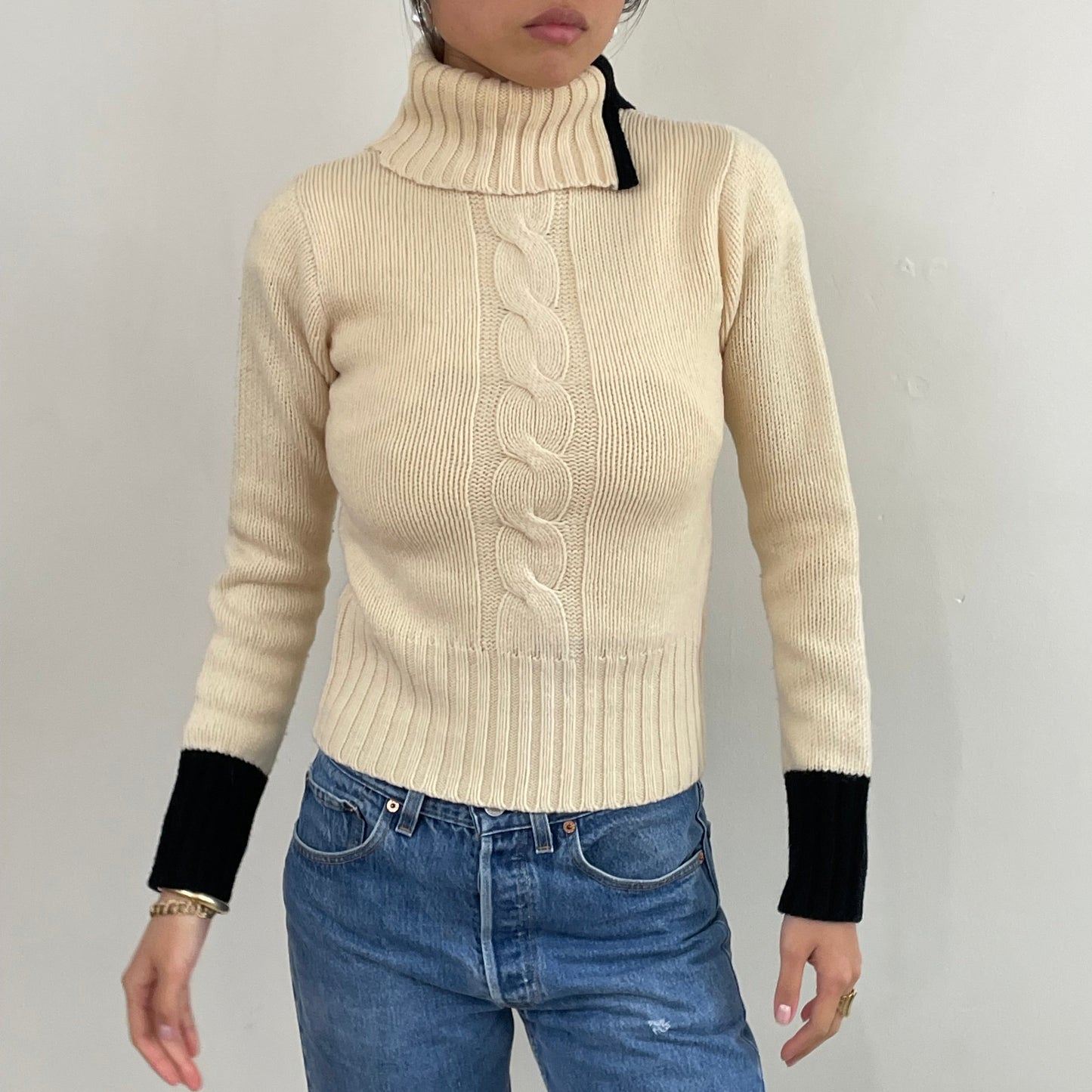 Vintage DKNY Lambswool Turtleneck Ivory Cropped Sweater Small