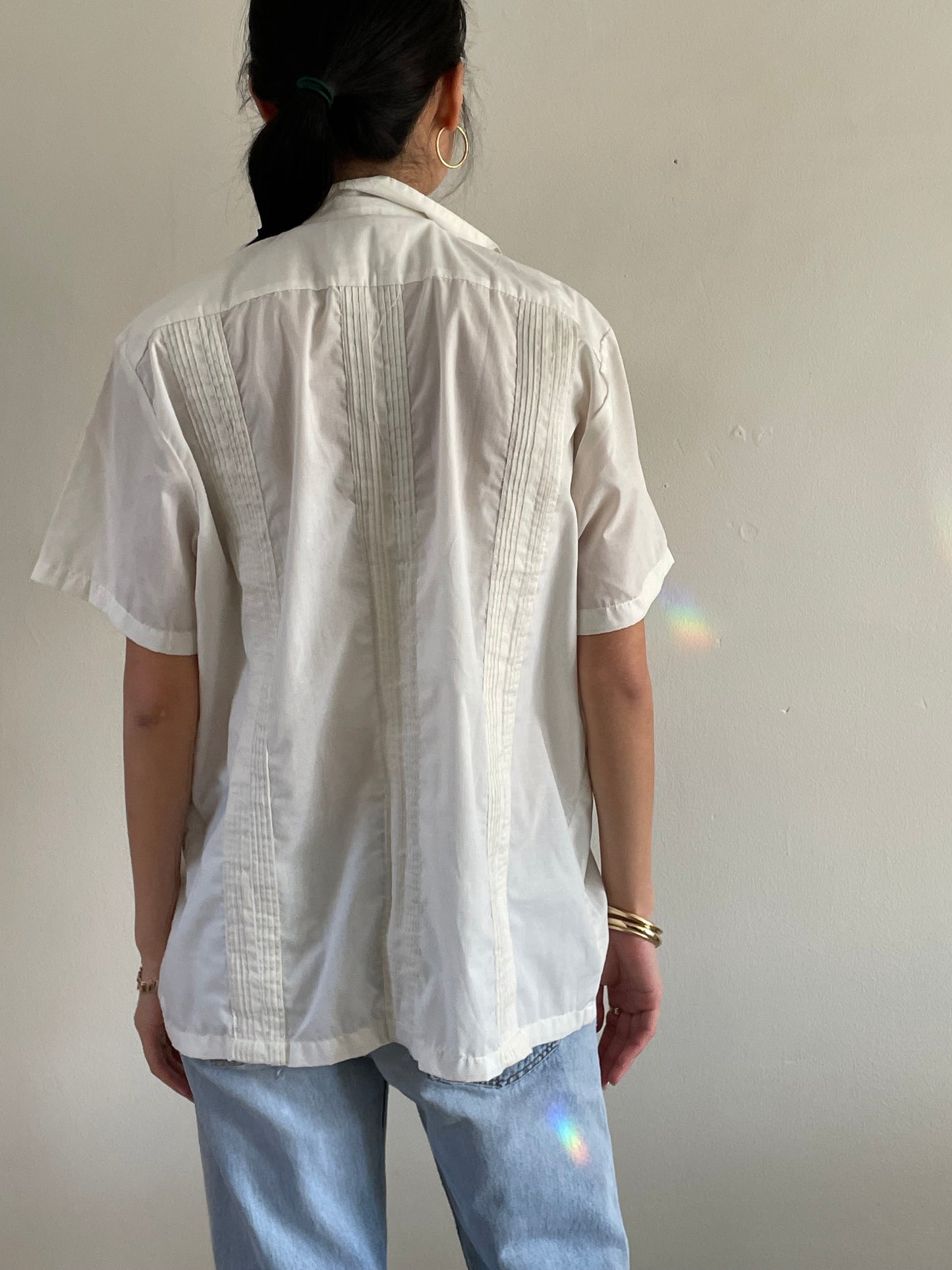 vintage embroidered zip front Haband Guayabera cotton white short sleeve shirt | XL