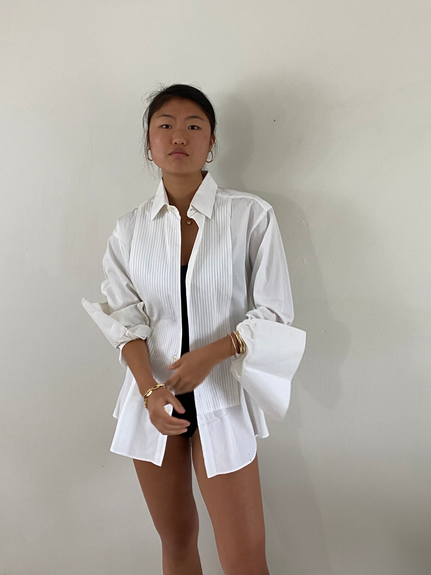 vintage crisp white cotton Italian tuxedo boyfriend shirt / oversized shirt | Large