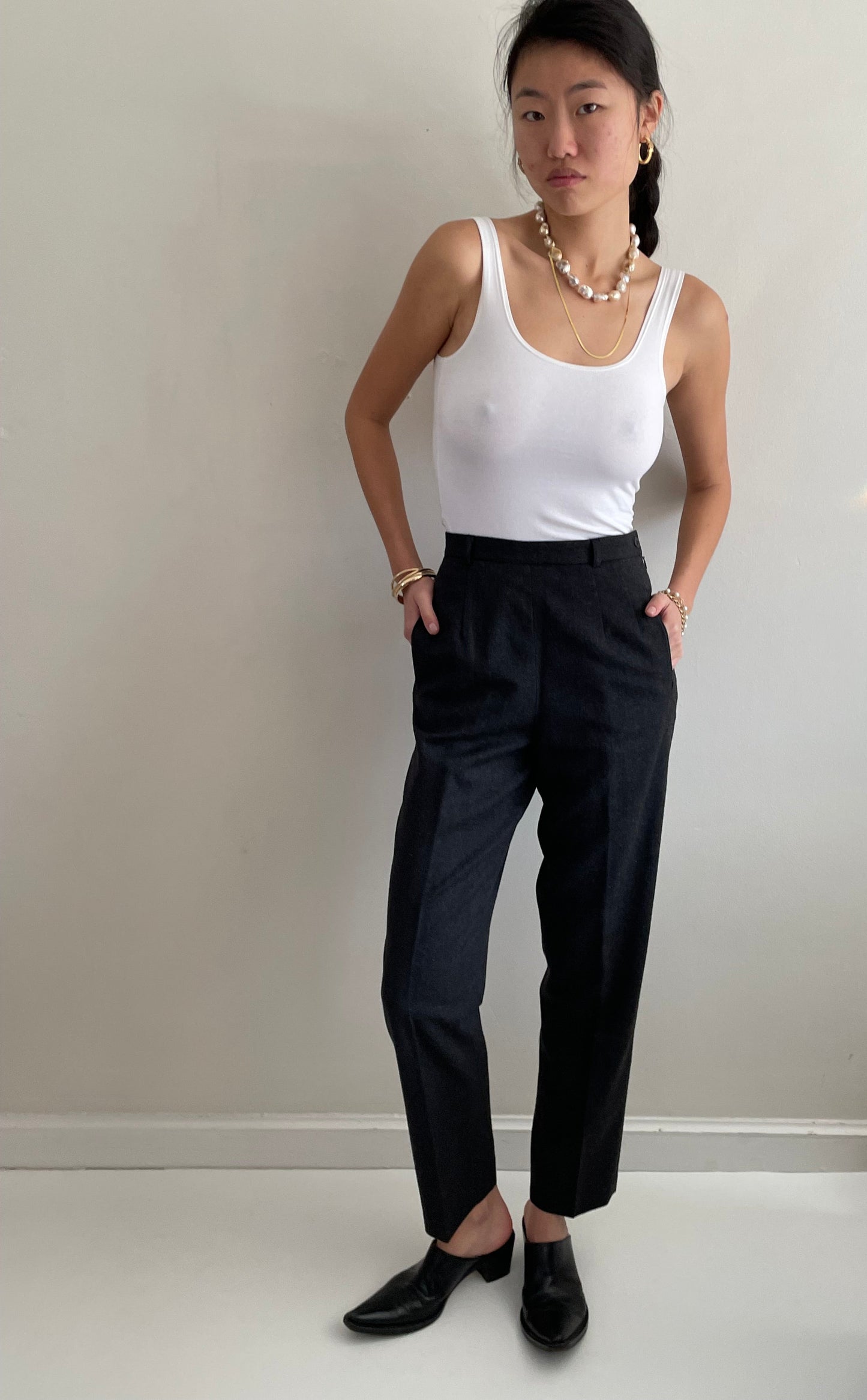 Vintage 90s Wool Pants | Charcoal Gray Flat Front Straight Cigarette Leg Pants | 26 Waist