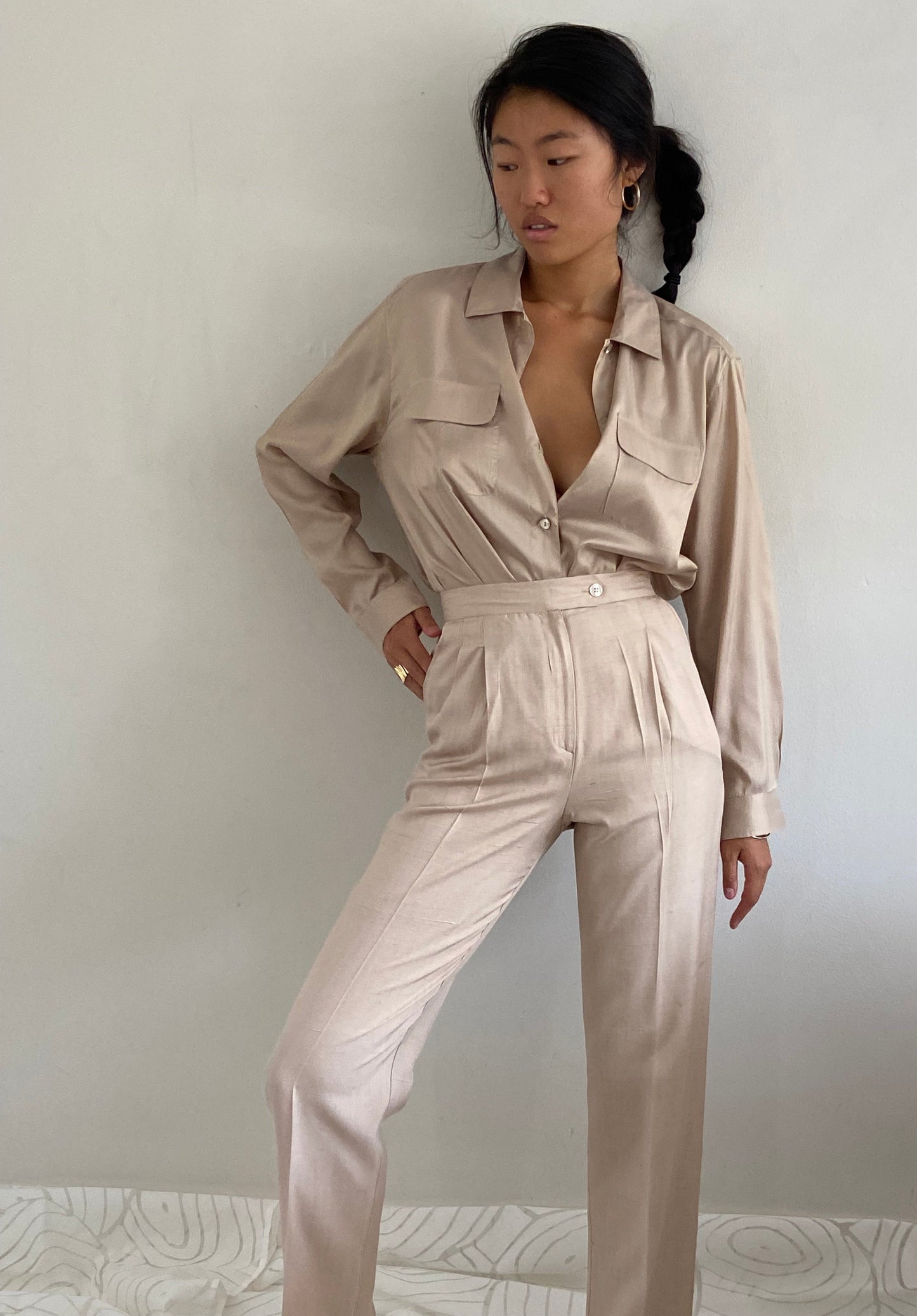 vintage 90s 100% silk pants | beige champagne high waisted pleated silk trouser pants | XS 26 waist