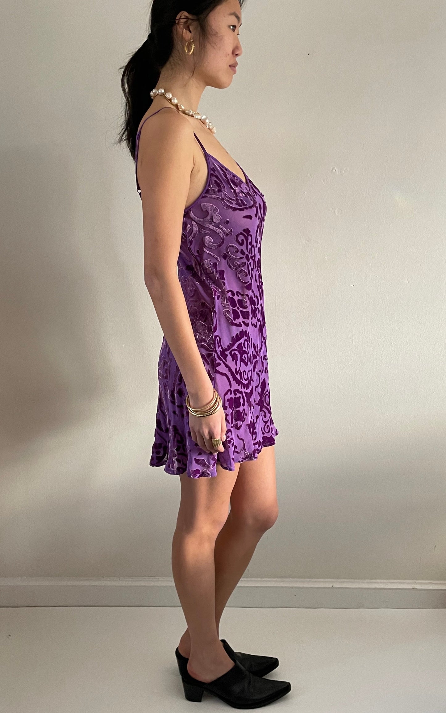 90s silk devore slip dress / vintage grape purple semi sheer silk slip dress