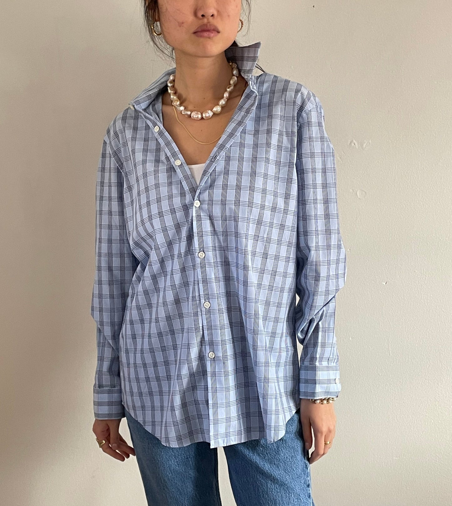 Vintage 90s Perry Ellis Boyfriend Shirt | ice blue checked plaid 100 cotton button down shirt blouse | Large