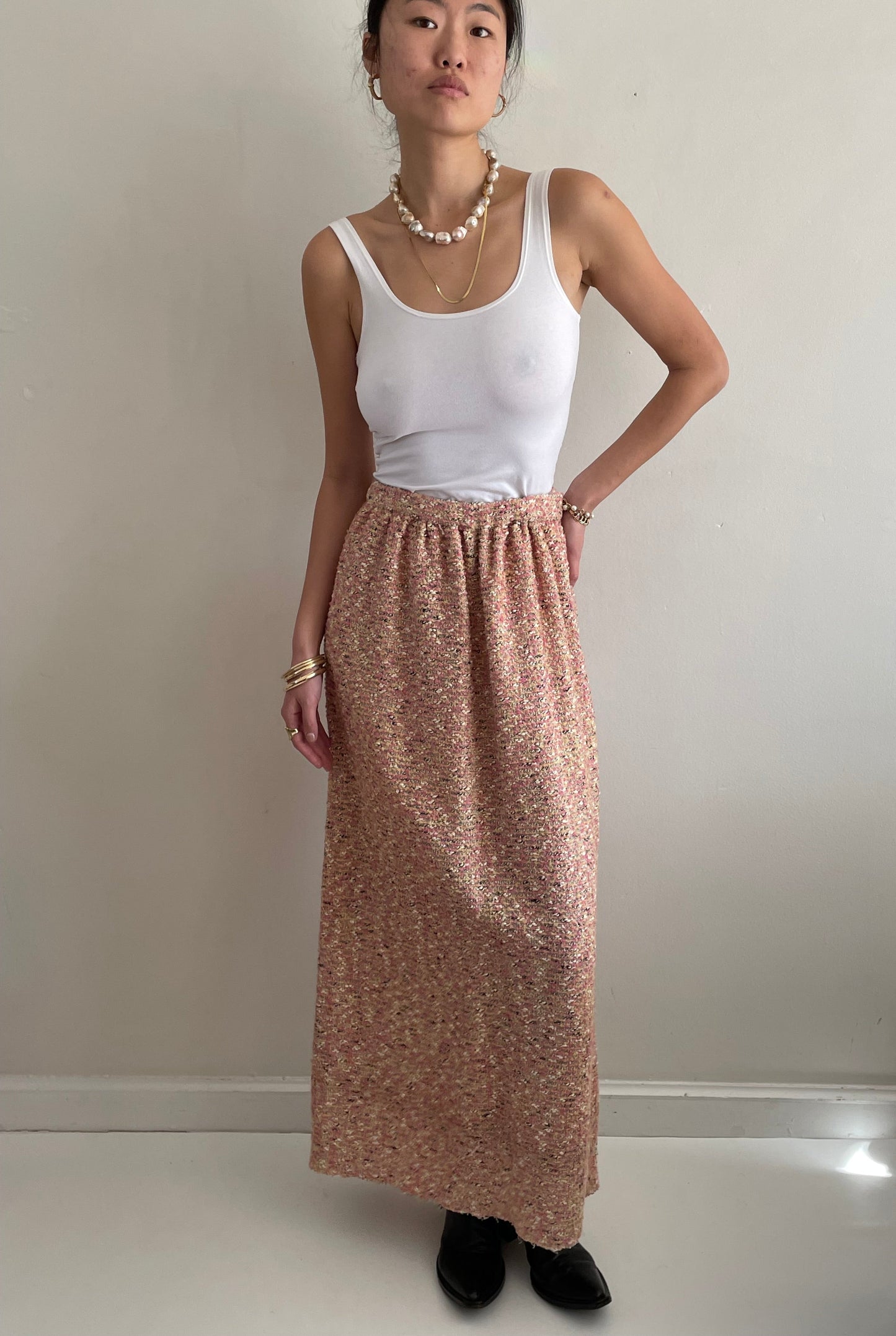 vintage 70s pink nubby boucle wool tweed handmade maxi skirt | Waist size 26