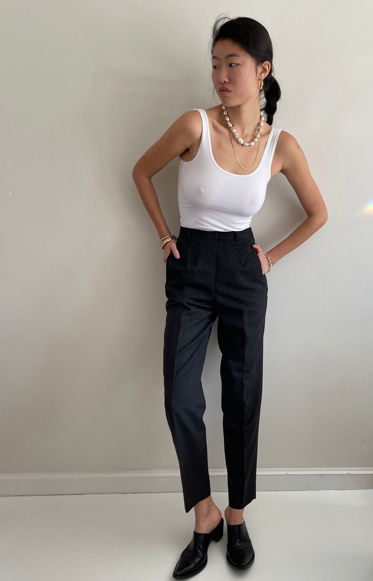 Vintage 90s Wool Pants | Charcoal Gray Flat Front Straight Cigarette Leg Pants | 26 Waist