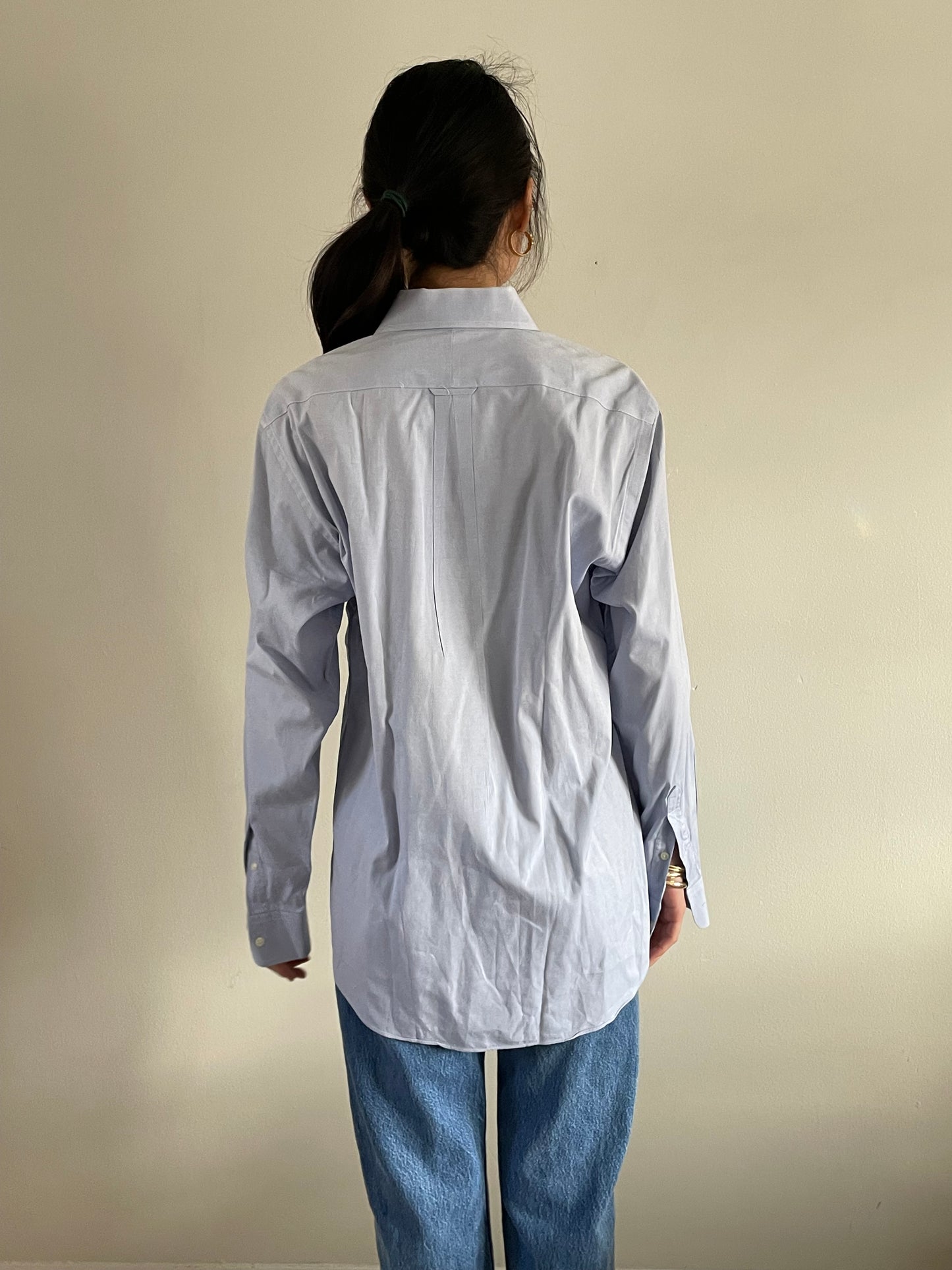 vintage 80s ice blue cotton shirt | oversized baby blue solid button down boyfriend shirt blouse | Medium