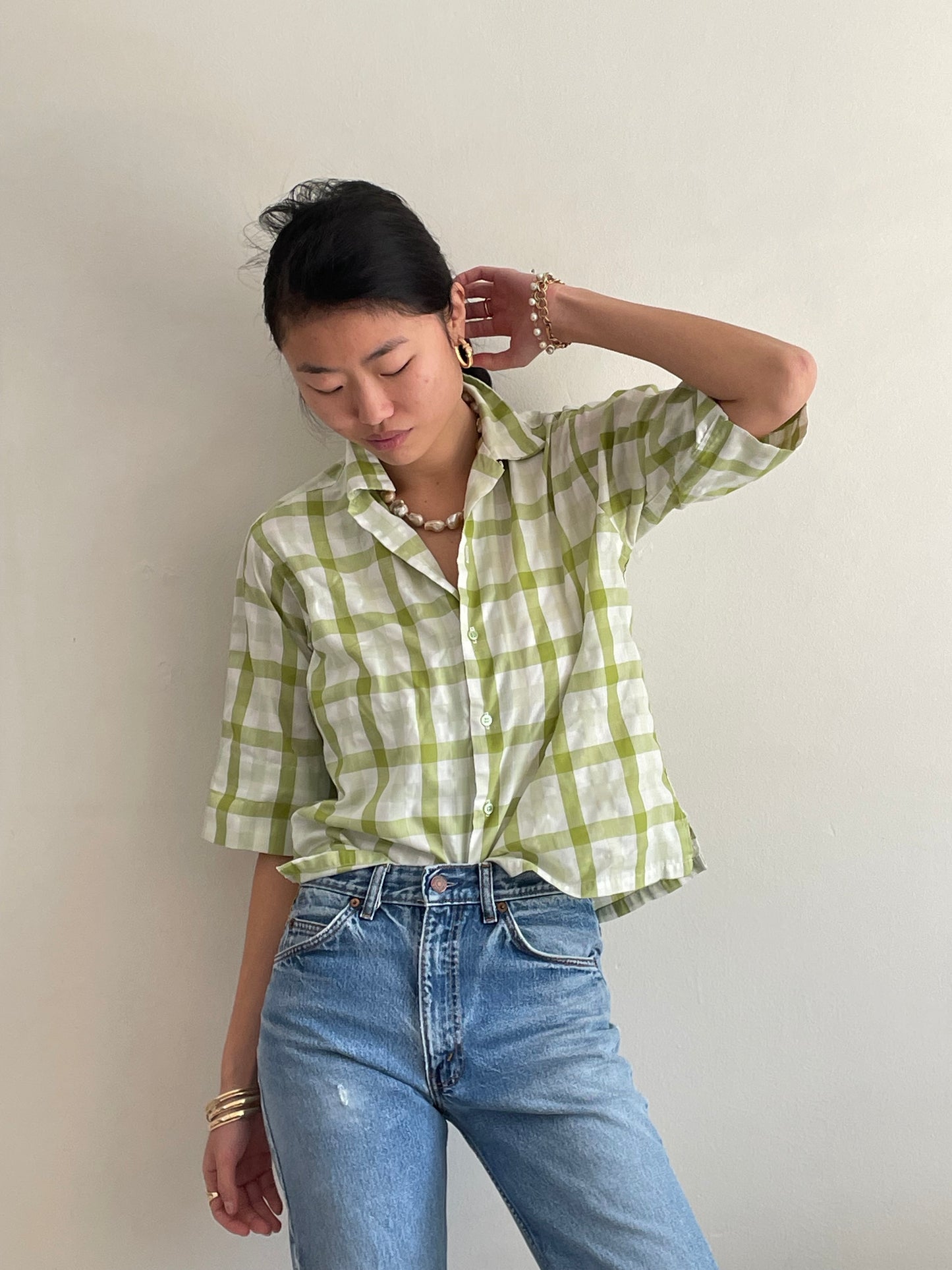 60s vintage plaid blouse / lime + olive moss green plaid elbow sleeve cropped blouse | Medium