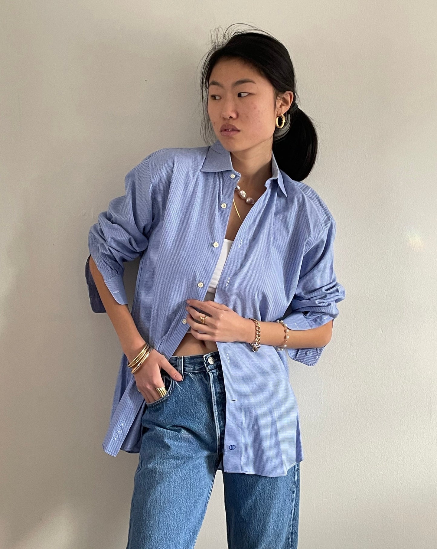 oversized cotton baby blue boyfriend shirt | luxe woven spread collar button down shirt | XL