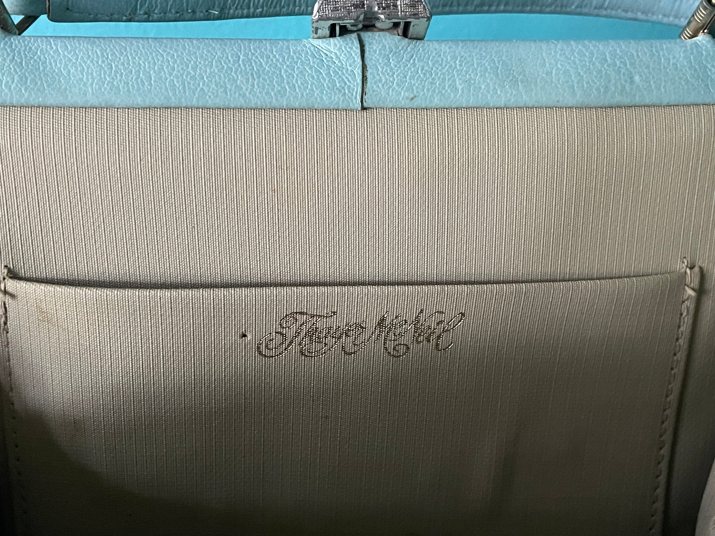Vintage baby blue top handle 60s Thayer McNeil faux leather vinyl box purse handbag made in USA