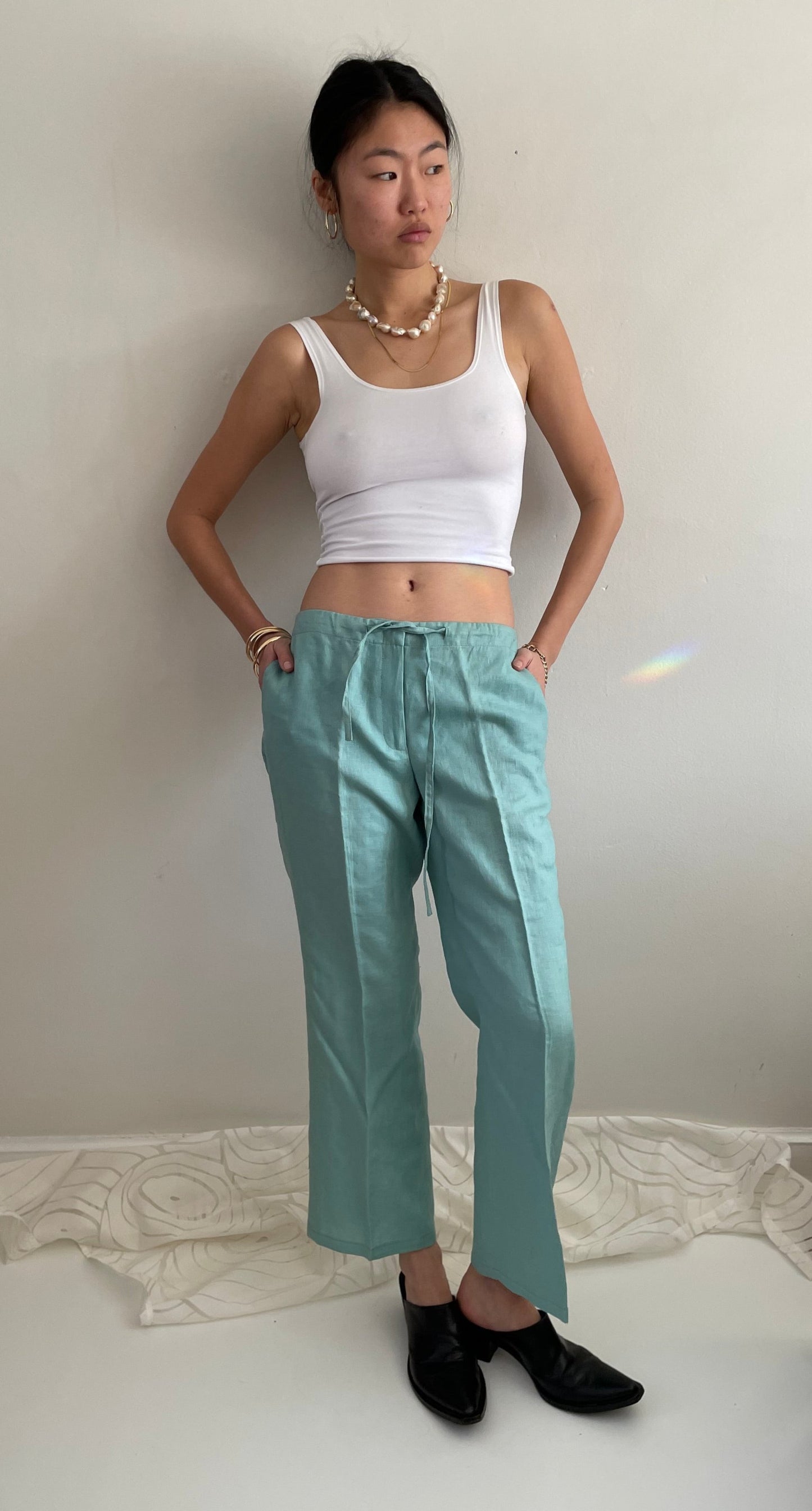 vintage linen drawstring sea foam aqua green linen easy wide leg pants | Medium