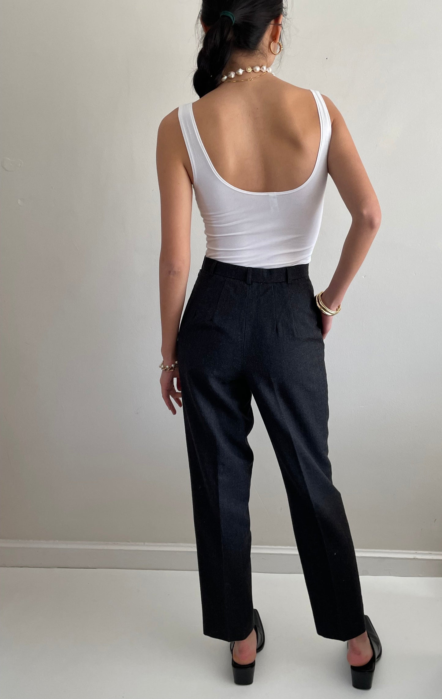 Vintage 90s Wool Pants | Charcoal Gray Flat Front Straight Cigarette Leg Pants | 26 Waist